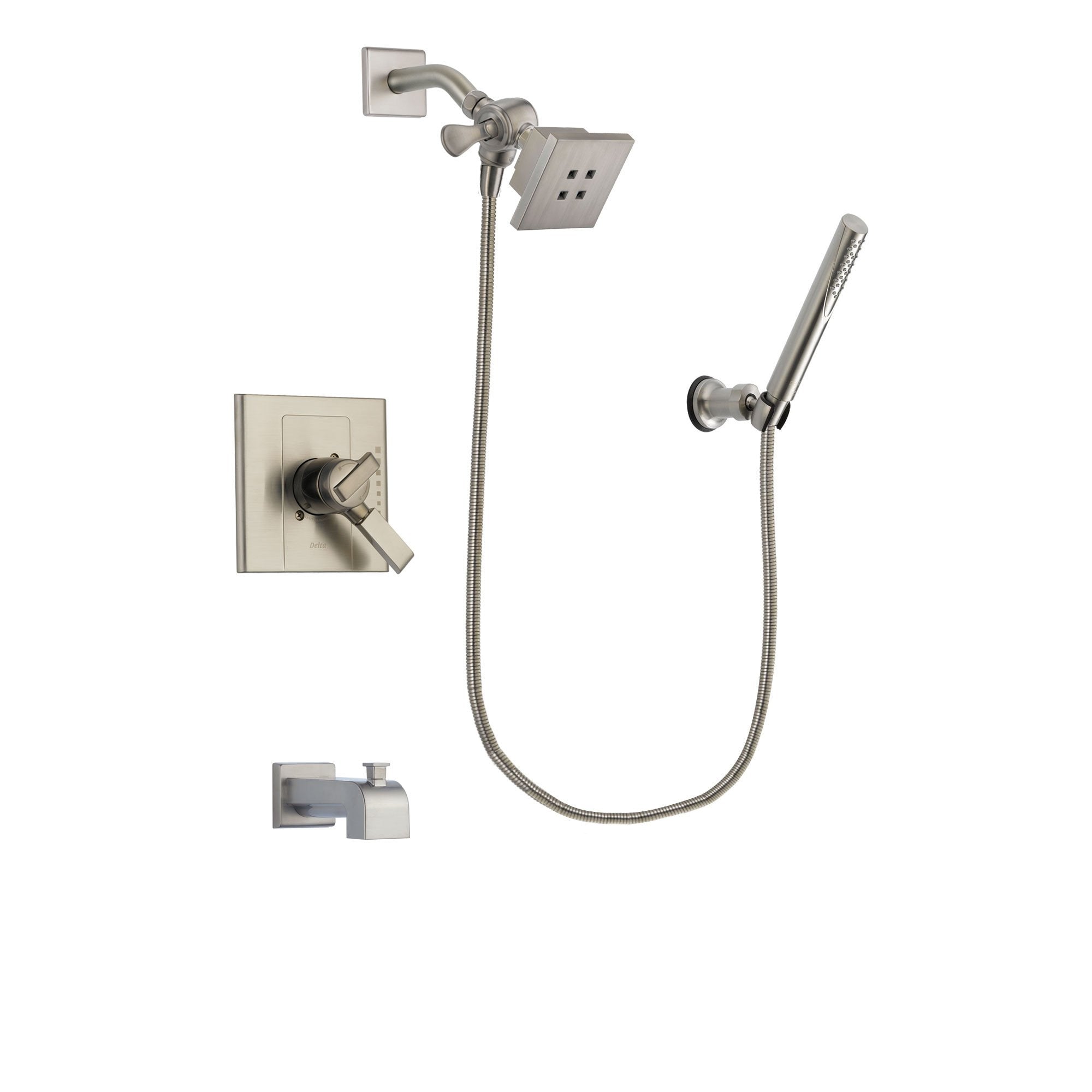 Delta Arzo Stainless Steel Finish Dual Control Tub and Shower Faucet System Package with Square Showerhead and Modern Handheld Shower Spray Includes Rough-in Valve and Tub Spout DSP2127V