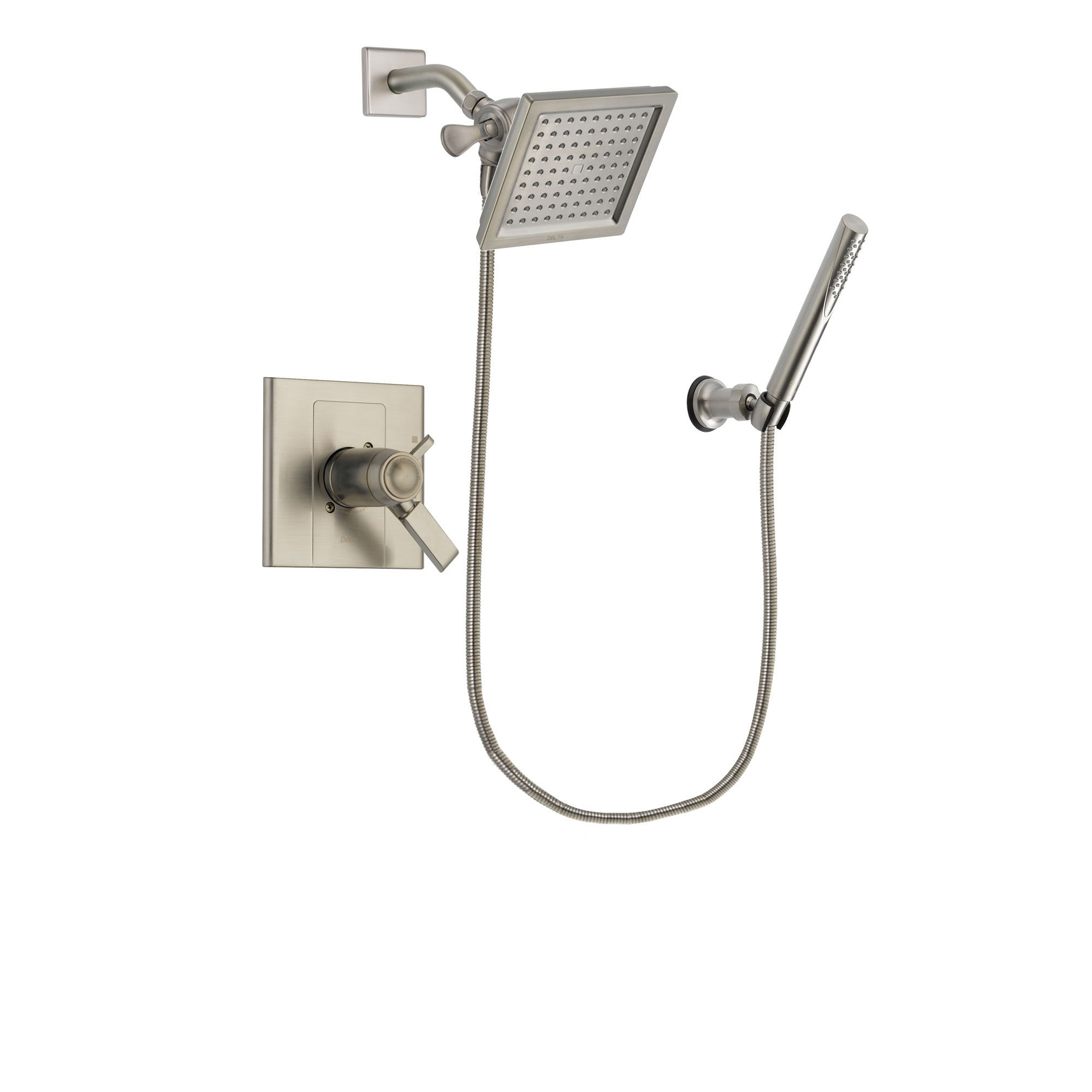 Delta Arzo Stainless Steel Finish Thermostatic Shower Faucet System Package with 6.5-inch Square Rain Showerhead and Modern Handheld Shower Spray Includes Rough-in Valve DSP2134V