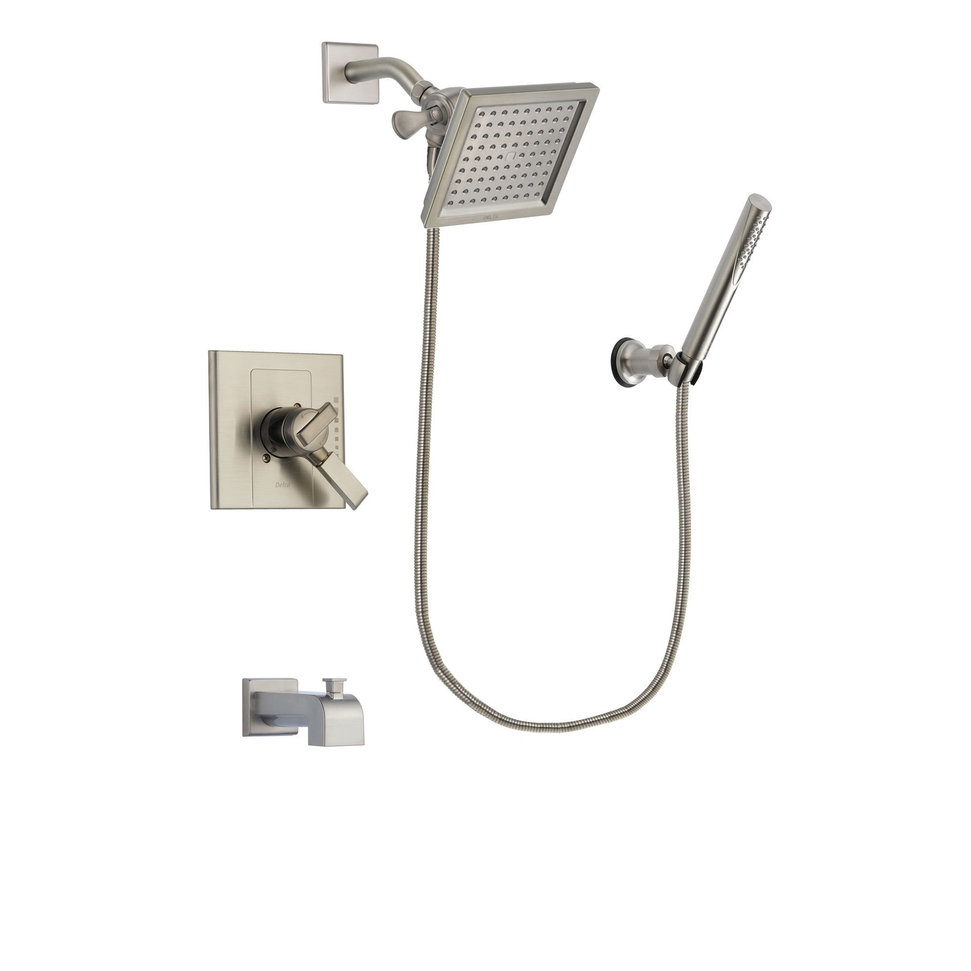 Delta Arzo Stainless Steel Finish Dual Control Tub and Shower Faucet System Package with 6.5-inch Square Rain Showerhead and Modern Handheld Shower Spray Includes Rough-in Valve and Tub Spout DSP2145V