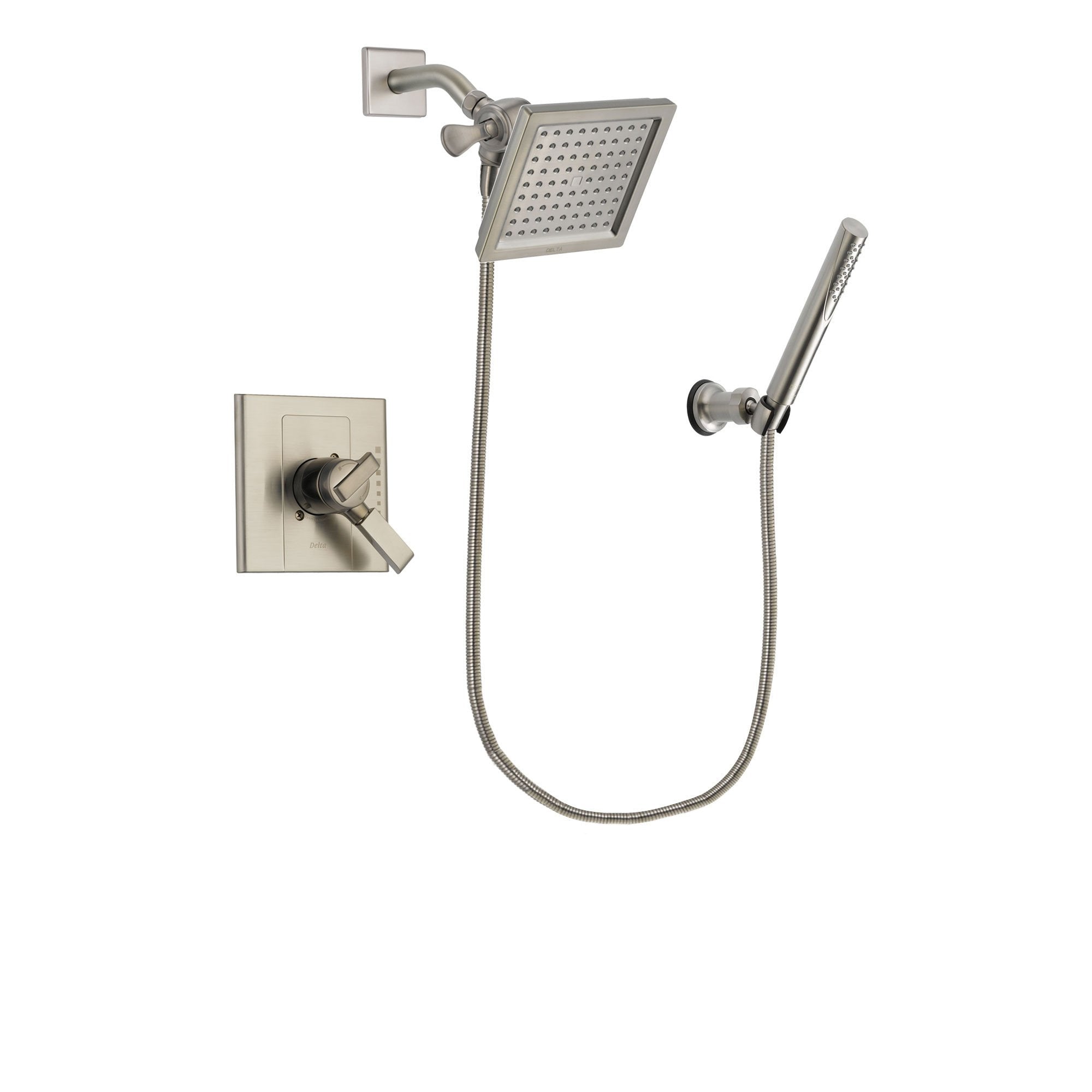 Delta Arzo Stainless Steel Finish Dual Control Shower Faucet System Package with 6.5-inch Square Rain Showerhead and Modern Handheld Shower Spray Includes Rough-in Valve DSP2146V