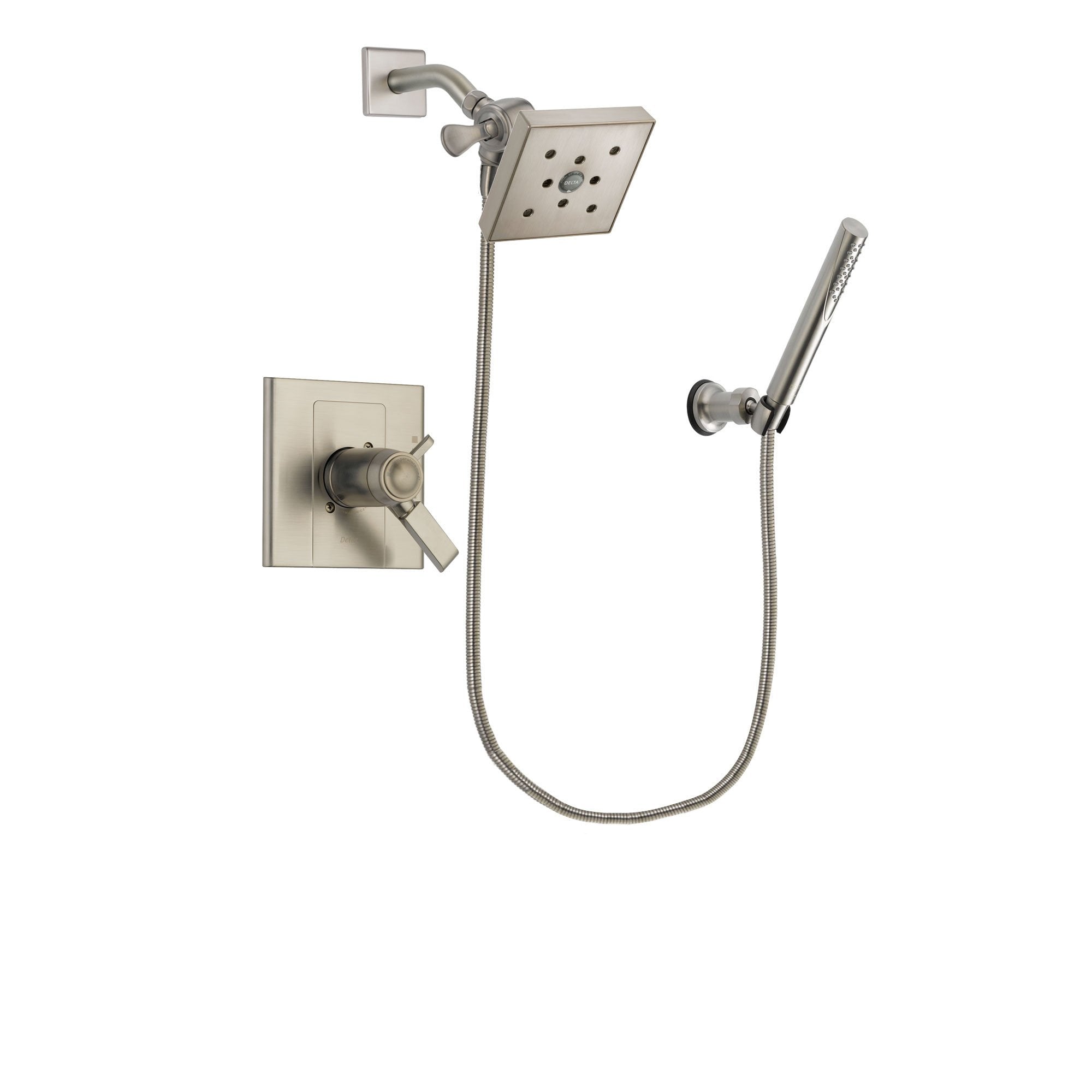 Delta Arzo Stainless Steel Finish Thermostatic Shower Faucet System Package with Square Shower Head and Modern Handheld Shower Spray Includes Rough-in Valve DSP2152V