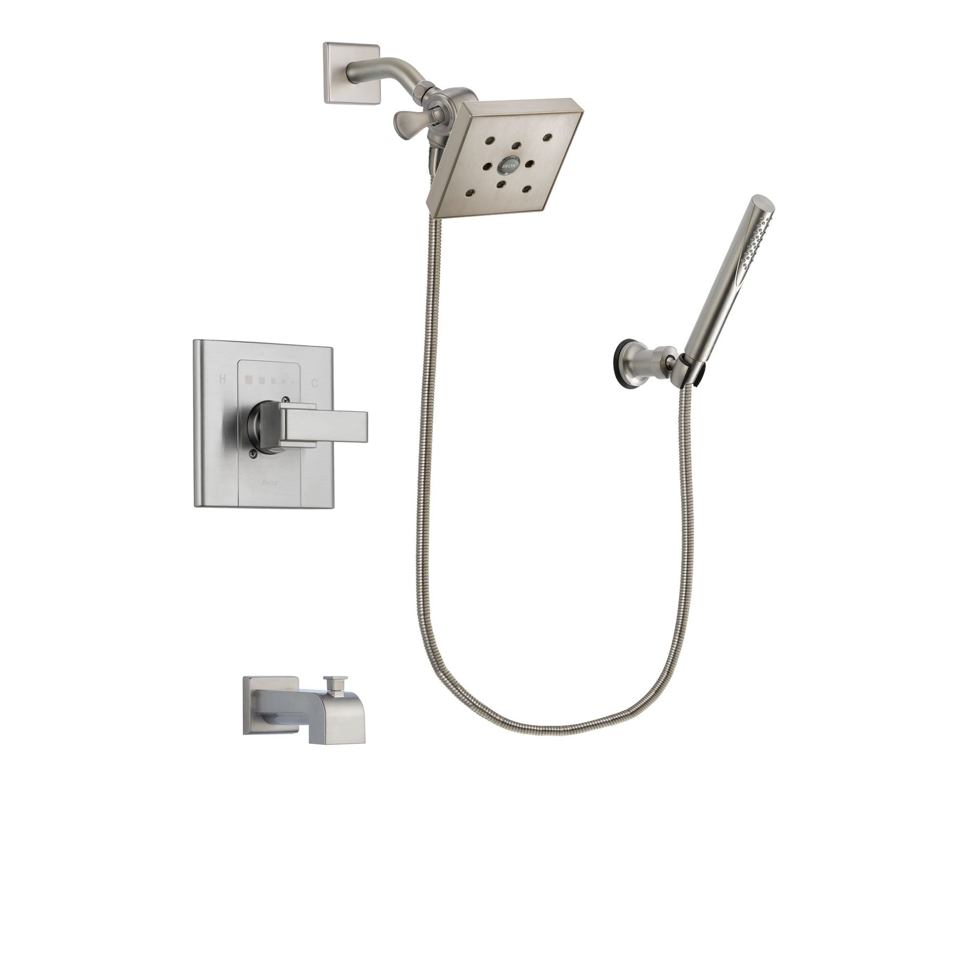 Delta Arzo Stainless Steel Finish Tub and Shower Faucet System Package with Square Shower Head and Modern Handheld Shower Spray Includes Rough-in Valve and Tub Spout DSP2157V