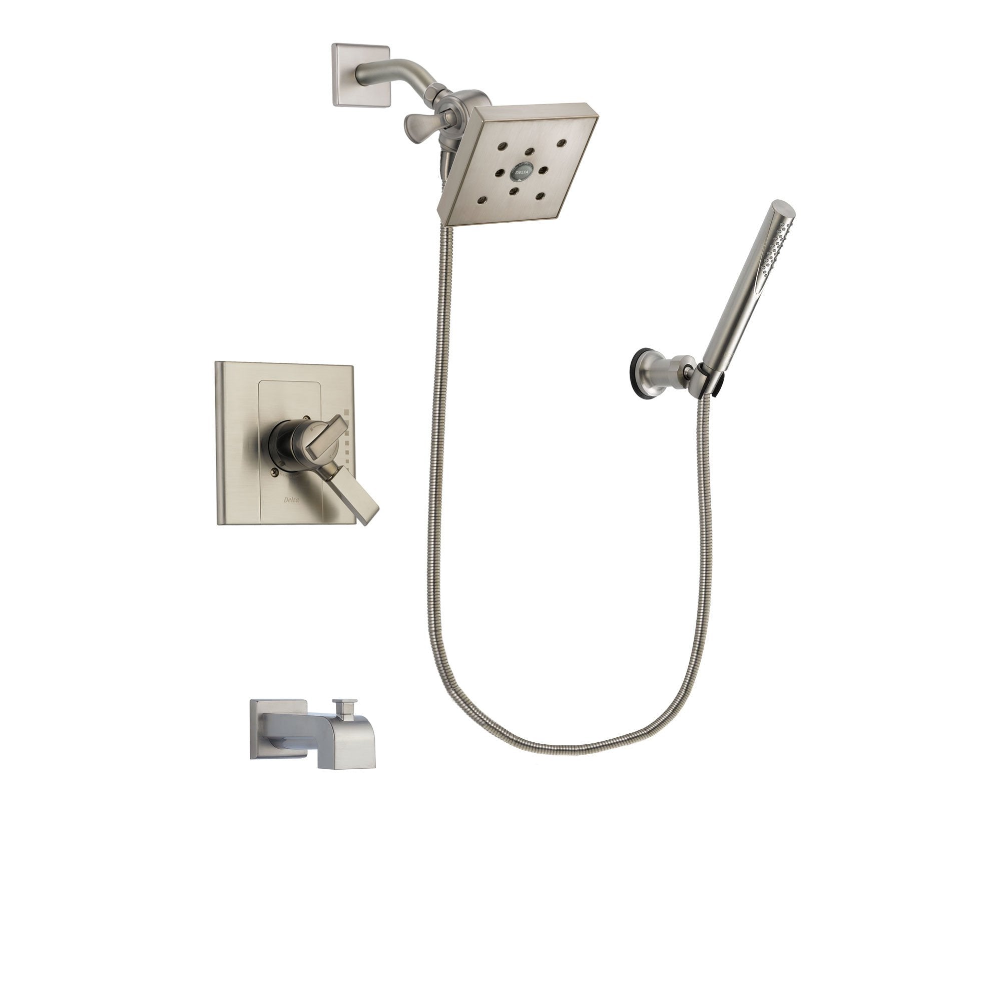 Delta Arzo Stainless Steel Finish Dual Control Tub and Shower Faucet System Package with Square Shower Head and Modern Handheld Shower Spray Includes Rough-in Valve and Tub Spout DSP2163V