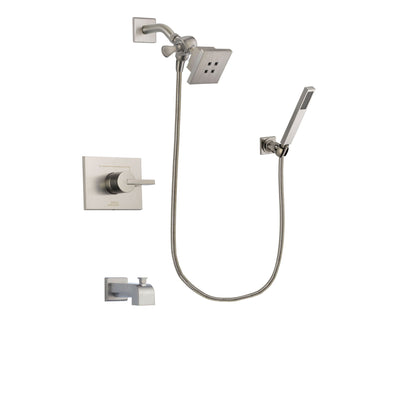 Delta Vero Stainless Steel Finish Tub and Shower Faucet System Package with Square Showerhead and Wall-Mount Handheld Shower Stick Includes Rough-in Valve and Tub Spout DSP2173V