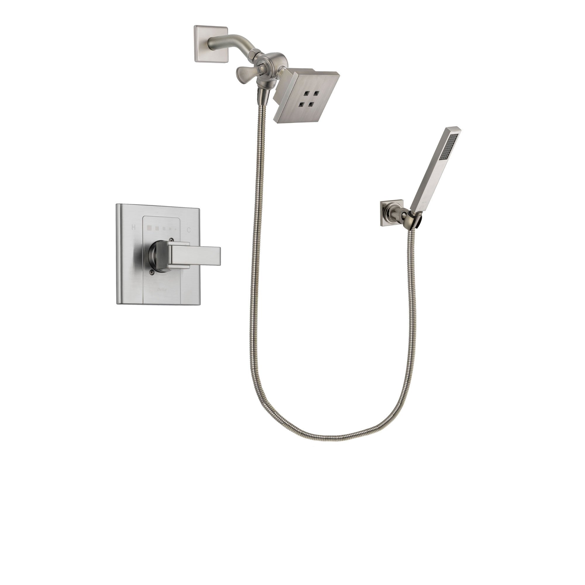 Delta Arzo Stainless Steel Finish Shower Faucet System Package with Square Showerhead and Wall-Mount Handheld Shower Stick Includes Rough-in Valve DSP2176V