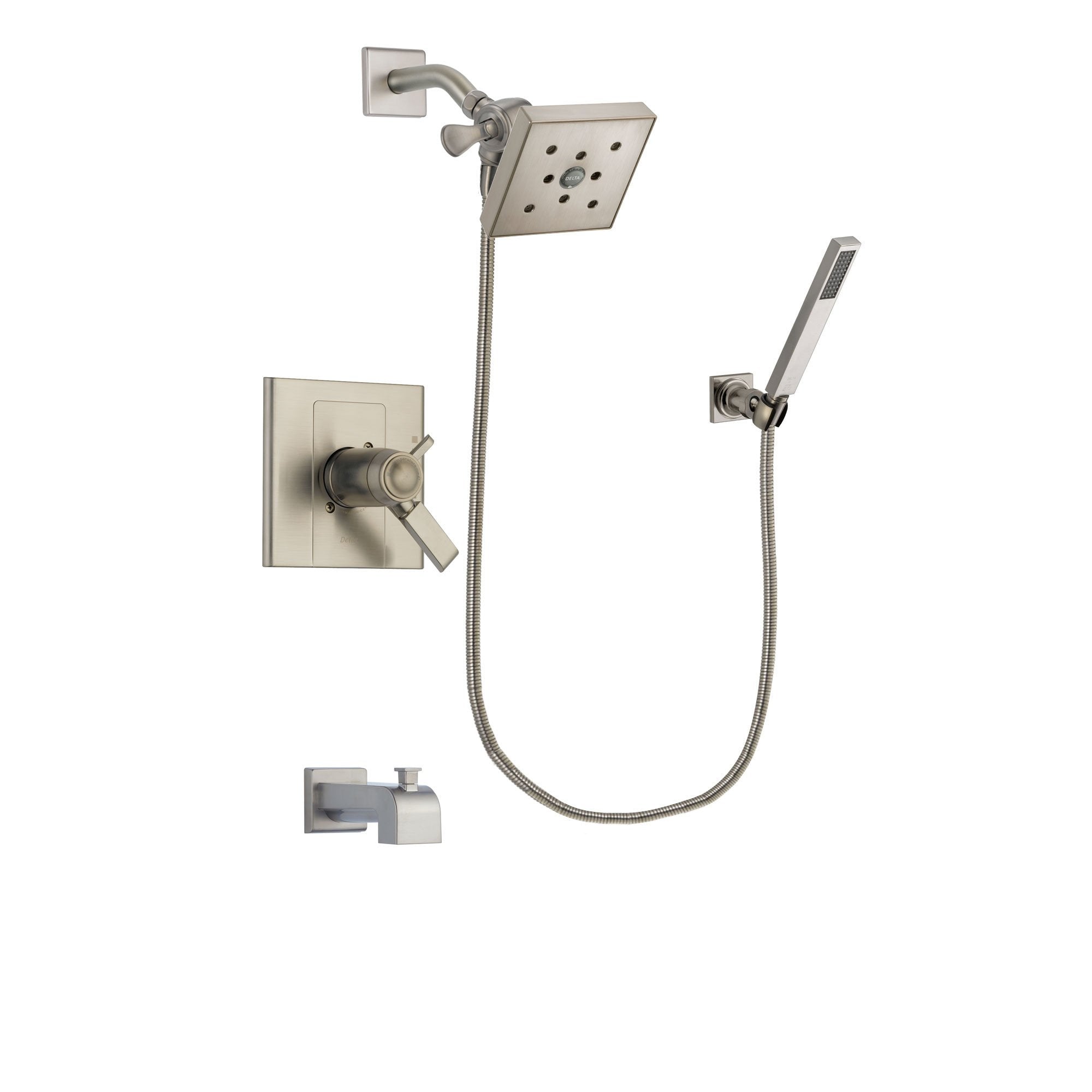 Delta Arzo Stainless Steel Finish Thermostatic Tub and Shower Faucet System Package with Square Shower Head and Wall-Mount Handheld Shower Stick Includes Rough-in Valve and Tub Spout DSP2205V