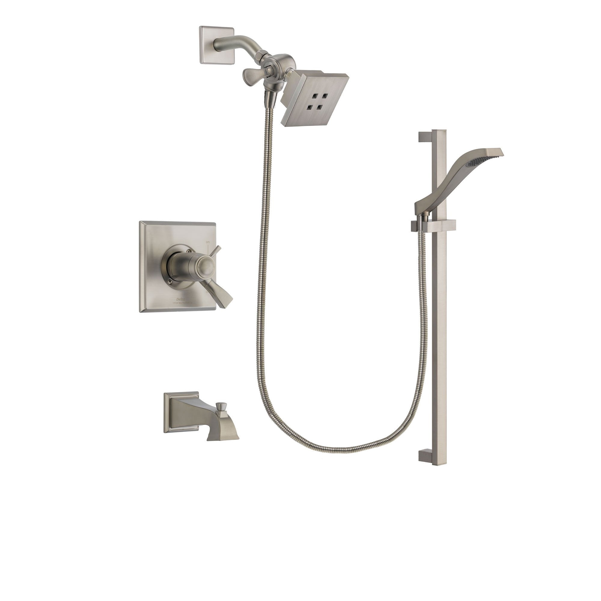 Delta Dryden Stainless Steel Finish Thermostatic Tub and Shower Faucet System Package with Square Showerhead and Handheld Shower with Slide Bar Includes Rough-in Valve and Tub Spout DSP2219V