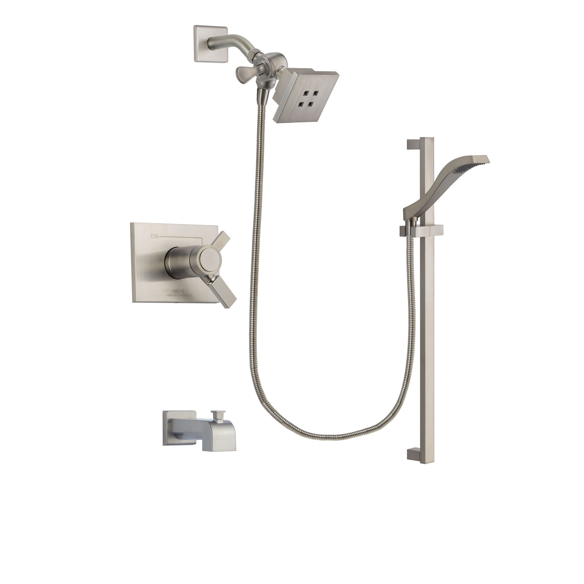 Delta Vero Stainless Steel Finish Thermostatic Tub and Shower Faucet System Package with Square Showerhead and Handheld Shower with Slide Bar Includes Rough-in Valve and Tub Spout DSP2221V