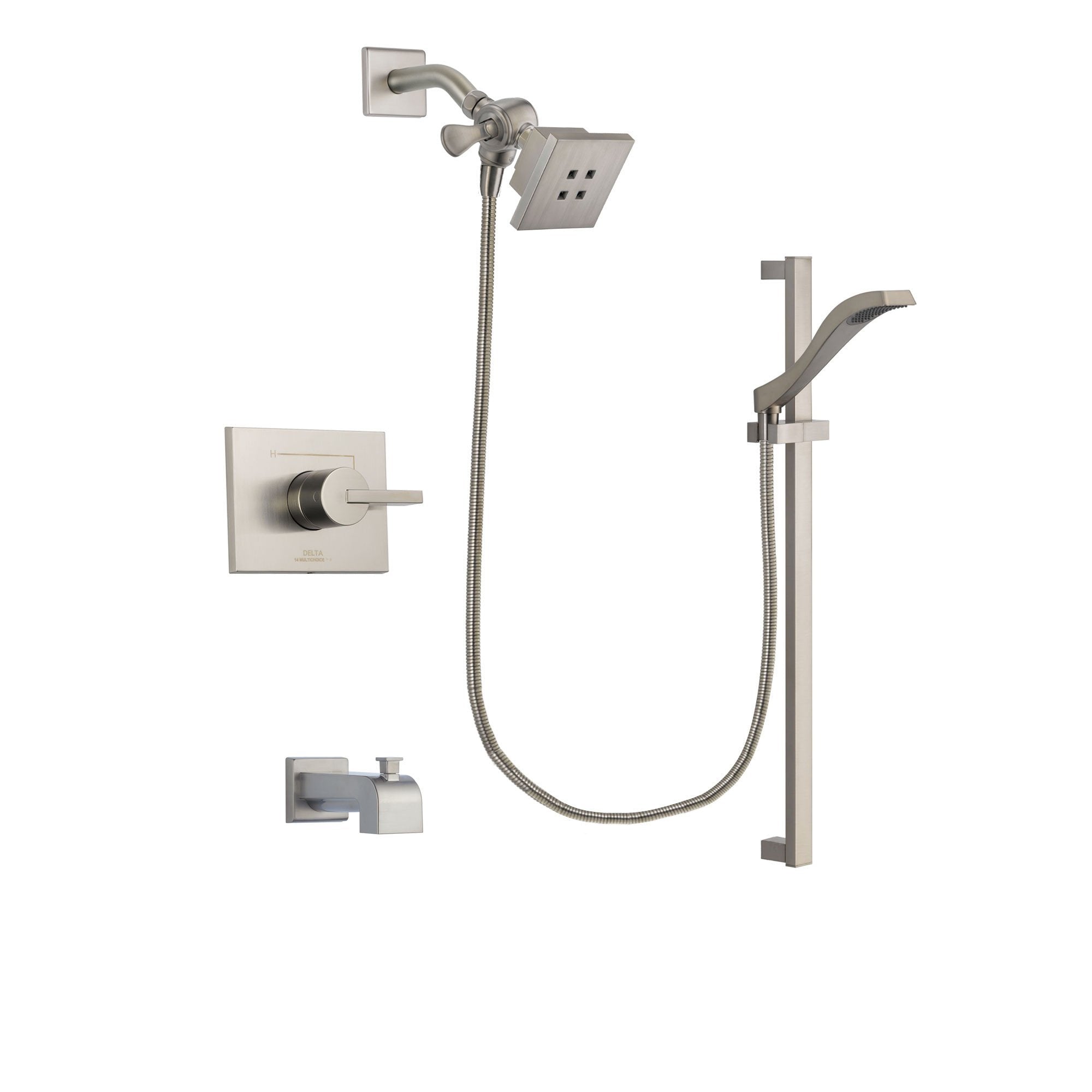 Delta Vero Stainless Steel Finish Tub and Shower Faucet System Package with Square Showerhead and Handheld Shower with Slide Bar Includes Rough-in Valve and Tub Spout DSP2227V