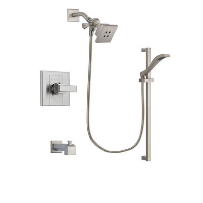 Delta Arzo Stainless Steel Finish Tub and Shower Faucet System Package with Square Showerhead and Handheld Shower with Slide Bar Includes Rough-in Valve and Tub Spout DSP2229V