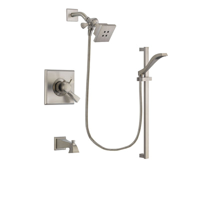 Delta Dryden Stainless Steel Finish Dual Control Tub and Shower Faucet System Package with Square Showerhead and Handheld Shower with Slide Bar Includes Rough-in Valve and Tub Spout DSP2231V