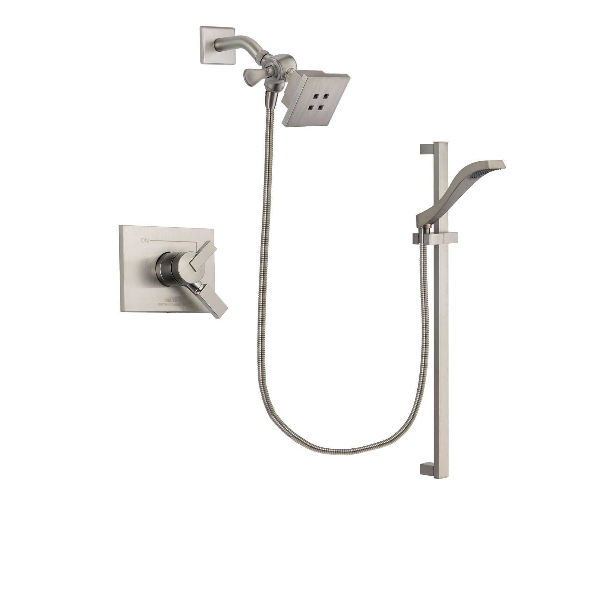 Delta Vero Stainless Steel Finish Dual Control Shower Faucet System Package with Square Showerhead and Handheld Shower with Slide Bar Includes Rough-in Valve DSP2234V