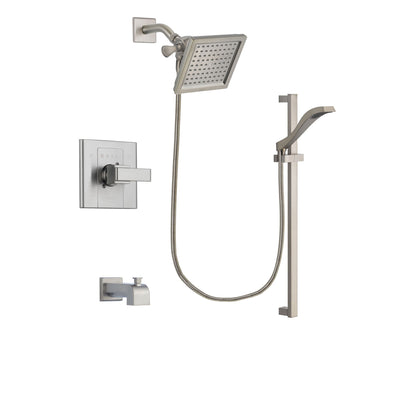 Delta Arzo Stainless Steel Finish Tub and Shower Faucet System Package with 6.5-inch Square Rain Showerhead and Handheld Shower with Slide Bar Includes Rough-in Valve and Tub Spout DSP2247V