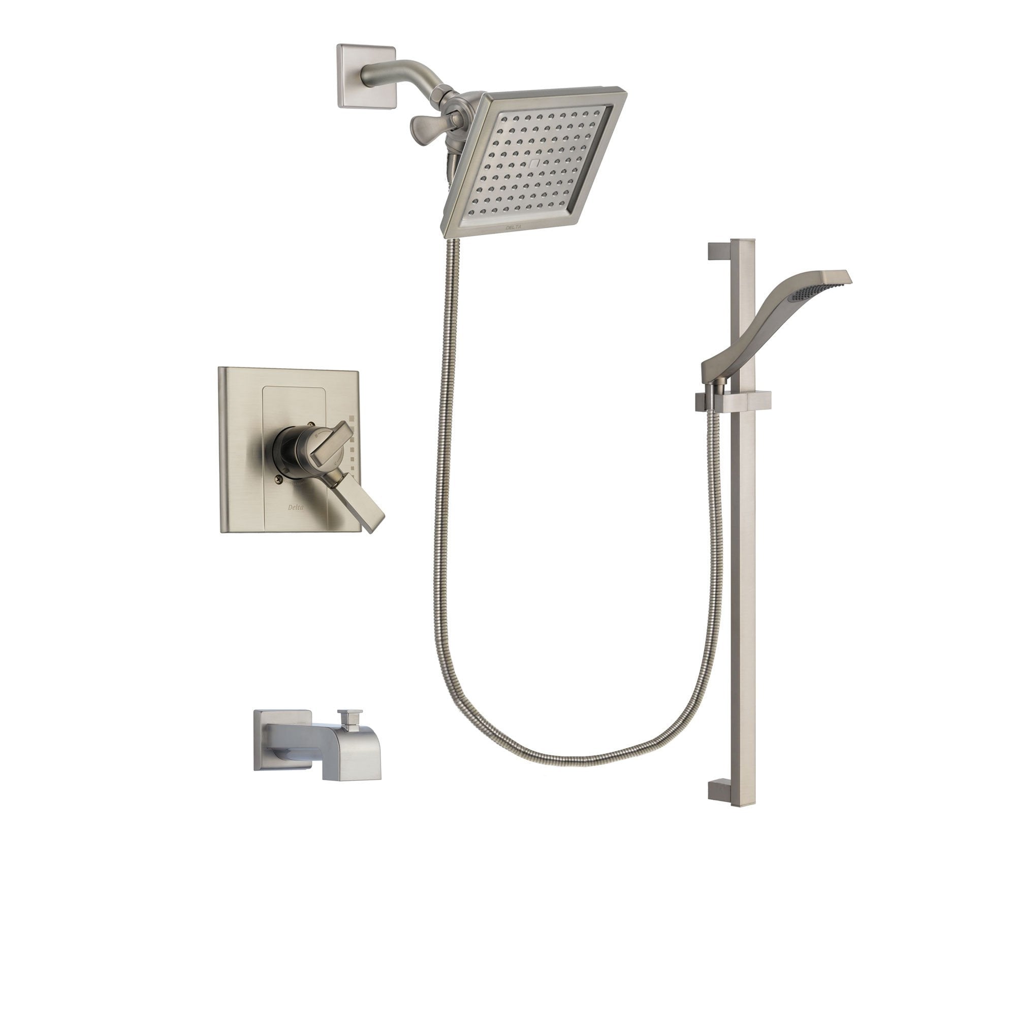 Delta Arzo Stainless Steel Finish Dual Control Tub and Shower Faucet System Package with 6.5-inch Square Rain Showerhead and Handheld Shower with Slide Bar Includes Rough-in Valve and Tub Spout DSP2253V