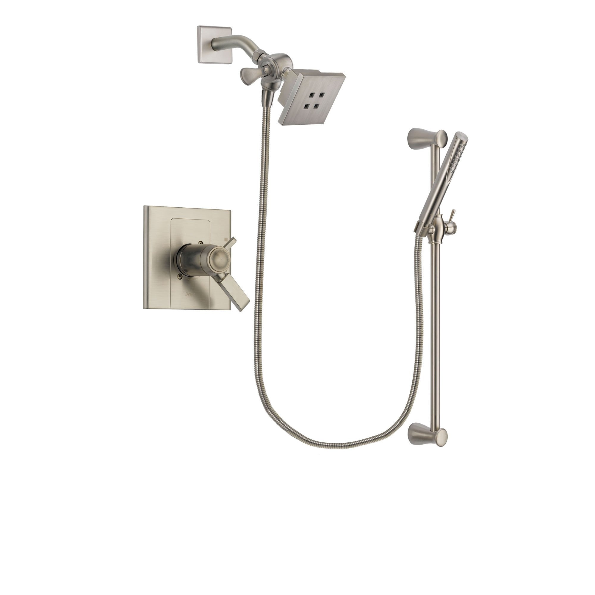 Delta Arzo Stainless Steel Finish Thermostatic Shower Faucet System Package with Square Showerhead and Handheld Shower Spray with Slide Bar Includes Rough-in Valve DSP2278V