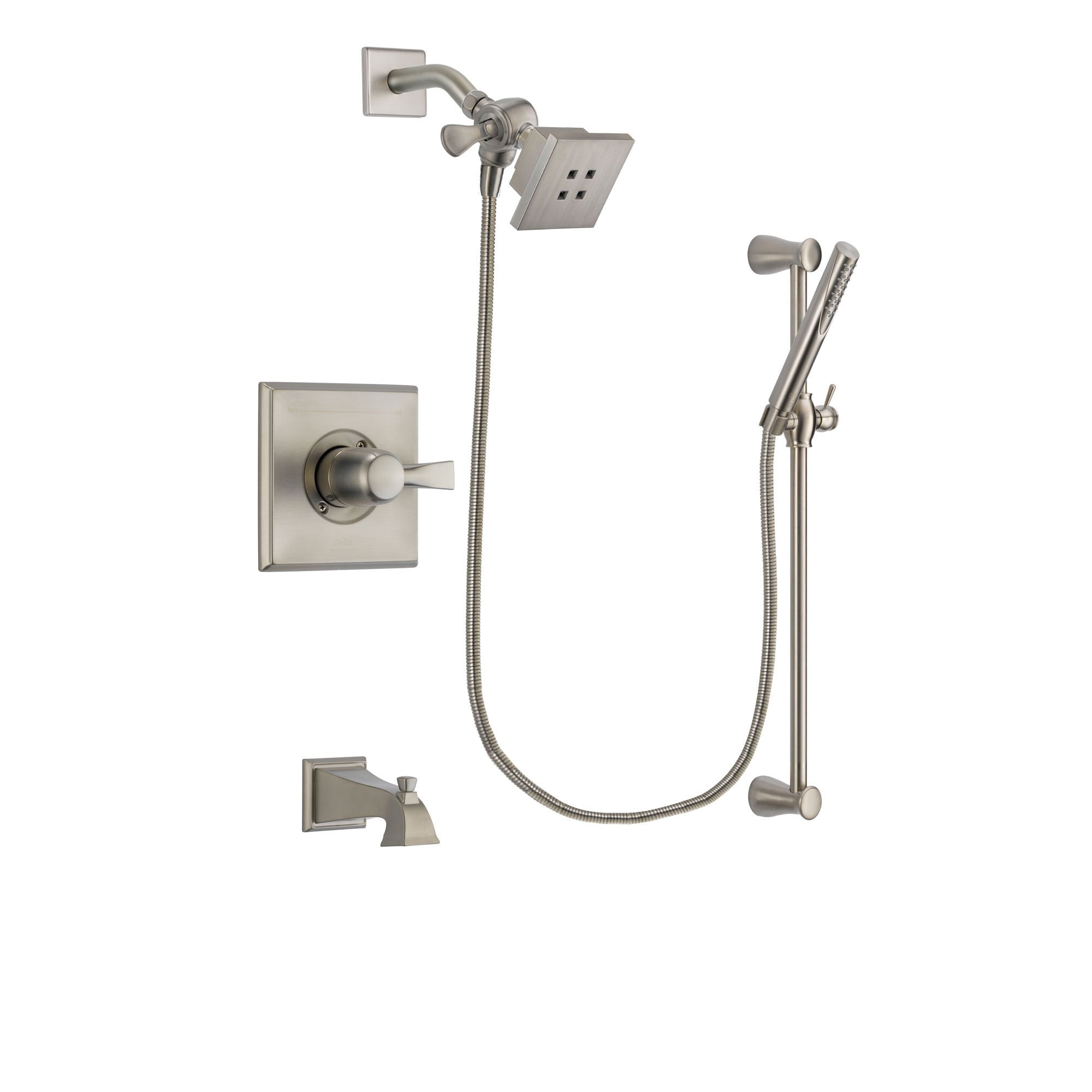 Delta Dryden Stainless Steel Finish Tub and Shower Faucet System Package with Square Showerhead and Handheld Shower Spray with Slide Bar Includes Rough-in Valve and Tub Spout DSP2279V