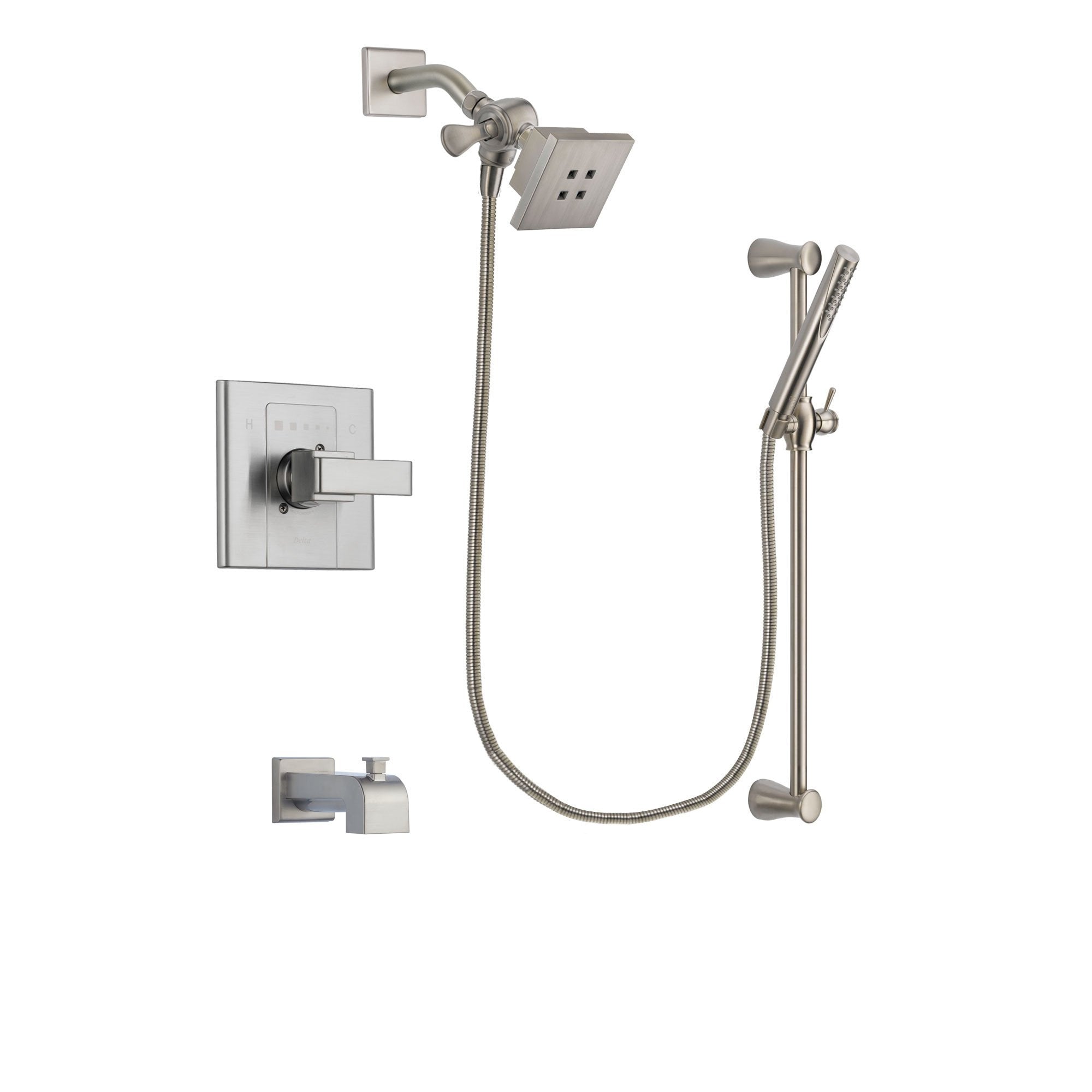 Delta Arzo Stainless Steel Finish Tub and Shower Faucet System Package with Square Showerhead and Handheld Shower Spray with Slide Bar Includes Rough-in Valve and Tub Spout DSP2283V
