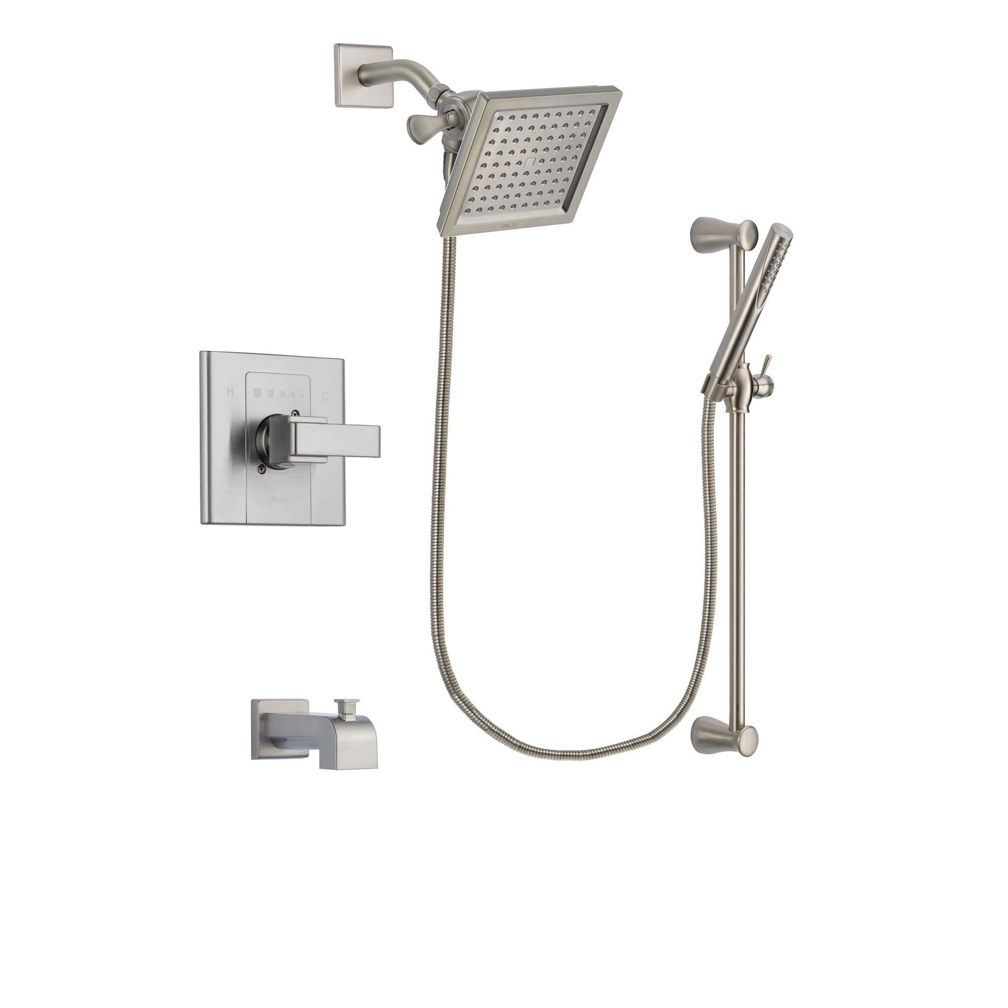 Delta Arzo Stainless Steel Finish Tub and Shower Faucet System Package with 6.5-inch Square Rain Showerhead and Handheld Shower Spray with Slide Bar Includes Rough-in Valve and Tub Spout DSP2301V