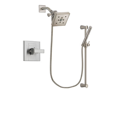 Delta Arzo Stainless Steel Finish Shower Faucet System Package with Square Shower Head and Handheld Shower Spray with Slide Bar Includes Rough-in Valve DSP2320V