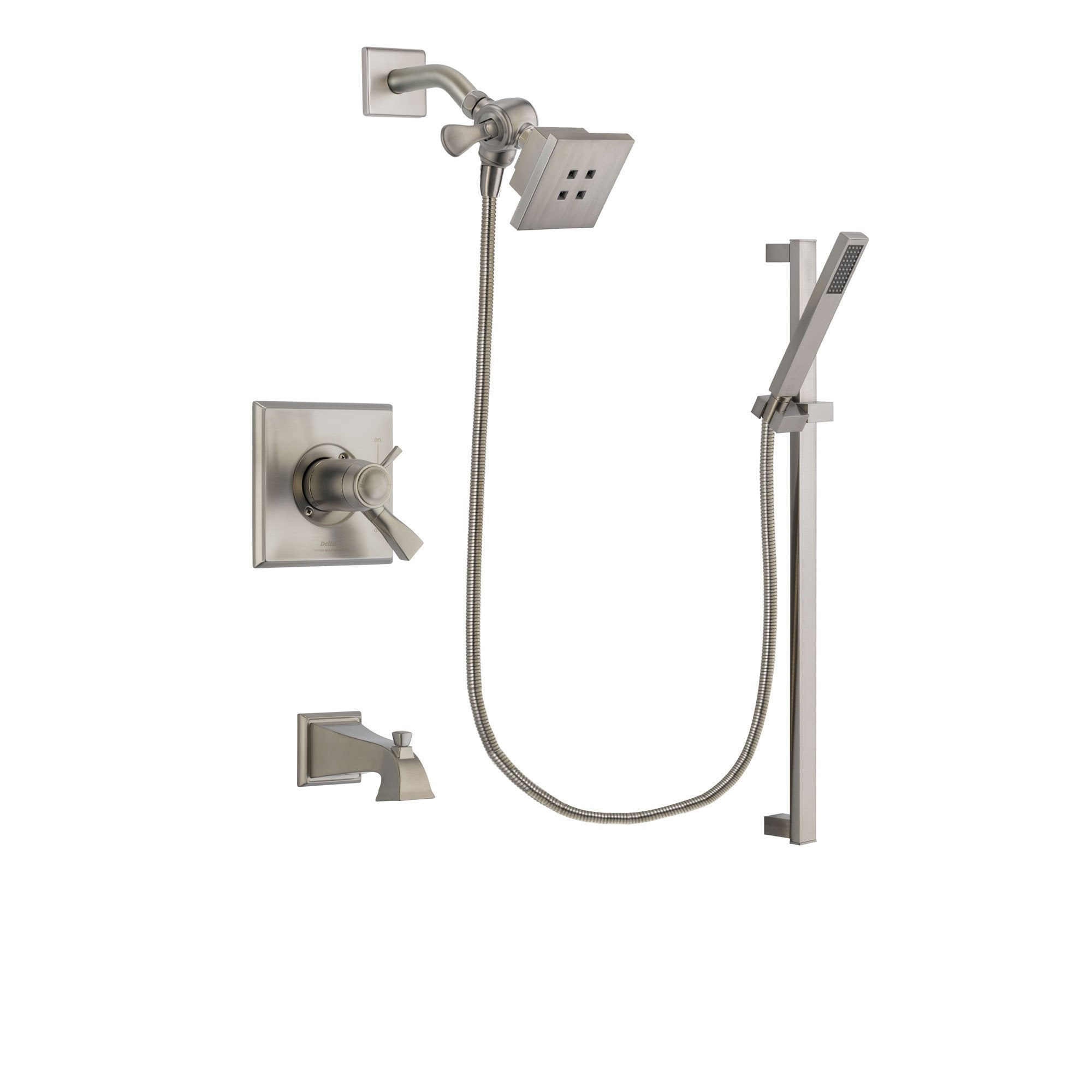 Delta Dryden Stainless Steel Finish Thermostatic Tub and Shower Faucet System Package with Square Showerhead and Modern Personal Hand Shower with Slide Bar Includes Rough-in Valve and Tub Spout DSP2327V
