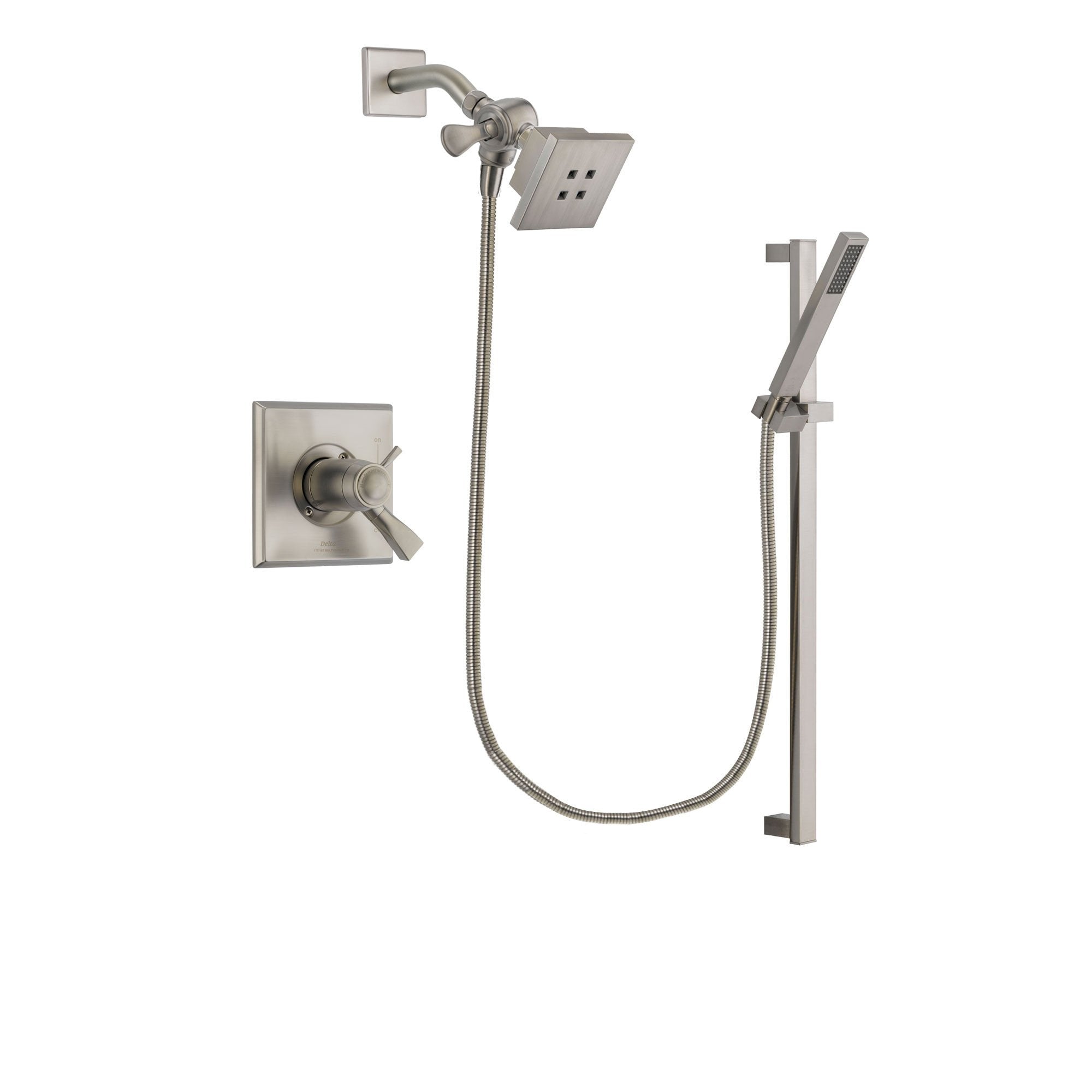 Delta Dryden Stainless Steel Finish Thermostatic Shower Faucet System Package with Square Showerhead and Modern Personal Hand Shower with Slide Bar Includes Rough-in Valve DSP2328V