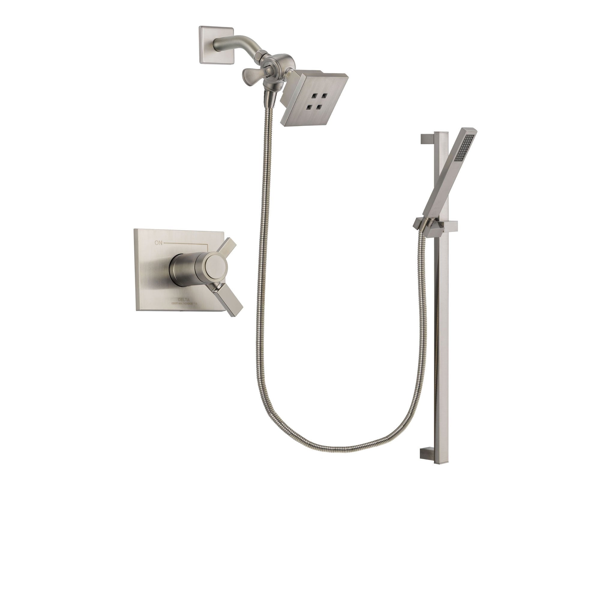 Delta Vero Stainless Steel Finish Thermostatic Shower Faucet System Package with Square Showerhead and Modern Personal Hand Shower with Slide Bar Includes Rough-in Valve DSP2330V
