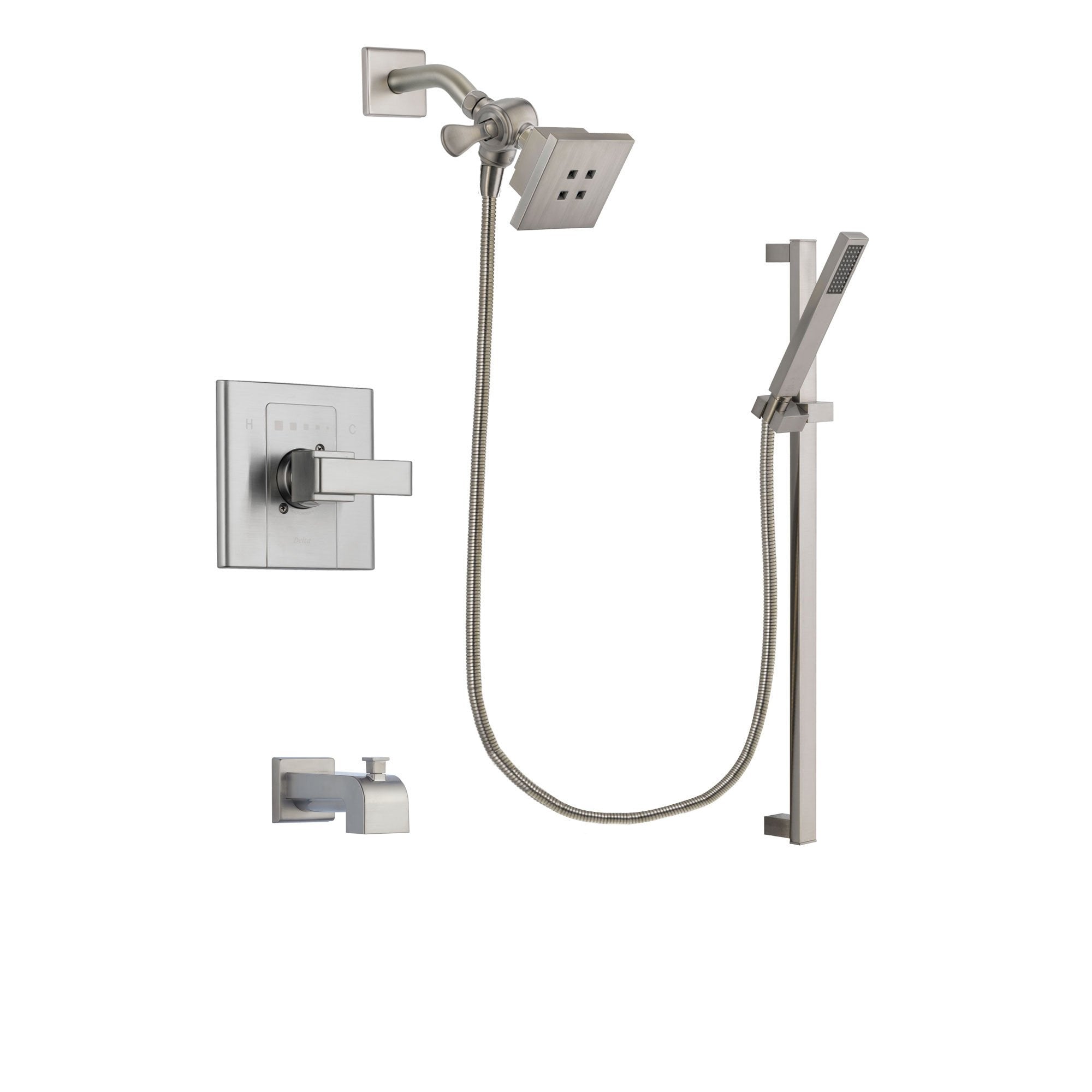 Delta Arzo Stainless Steel Finish Tub and Shower Faucet System Package with Square Showerhead and Modern Personal Hand Shower with Slide Bar Includes Rough-in Valve and Tub Spout DSP2337V