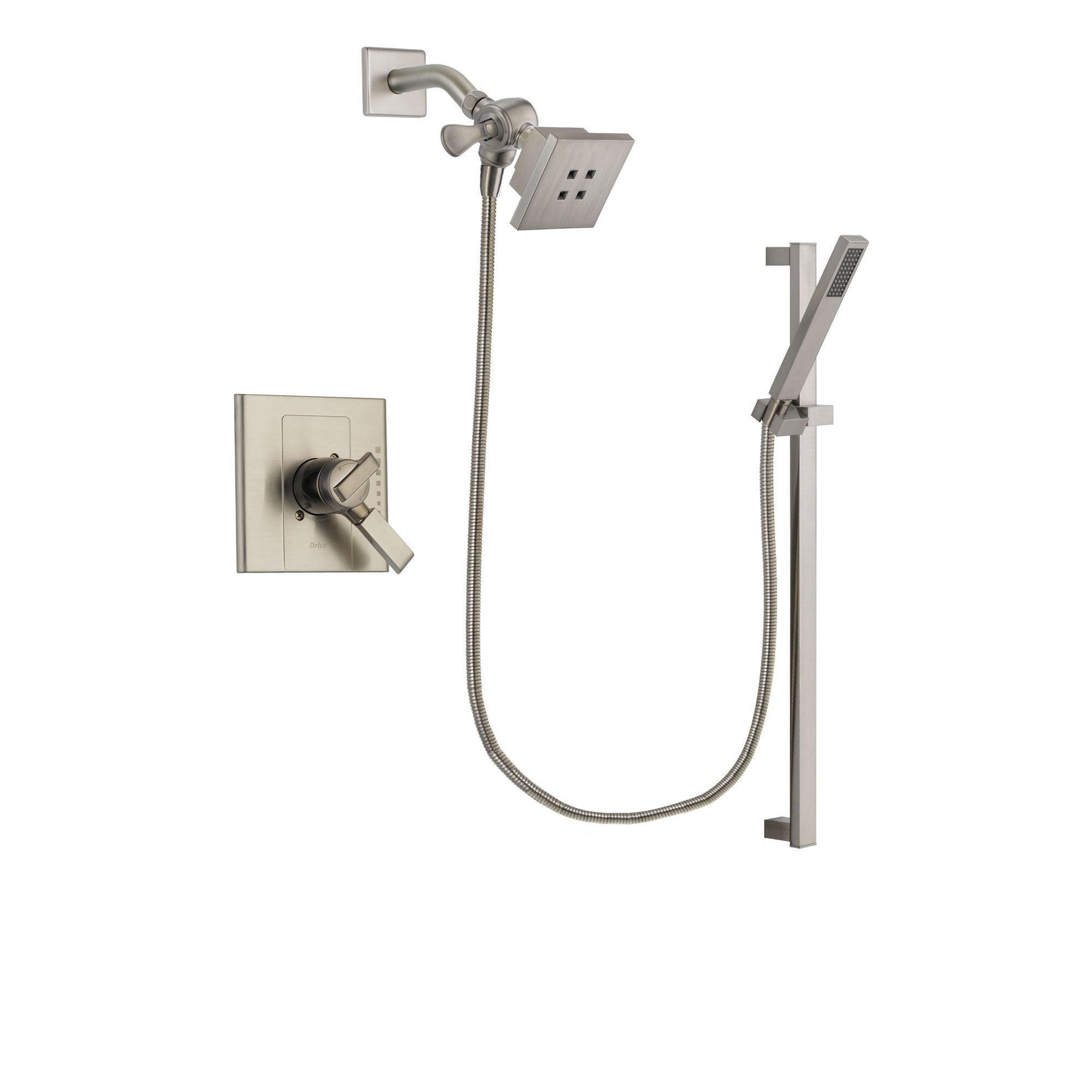 Delta Arzo Stainless Steel Finish Dual Control Shower Faucet System Package with Square Showerhead and Modern Personal Hand Shower with Slide Bar Includes Rough-in Valve DSP2344V