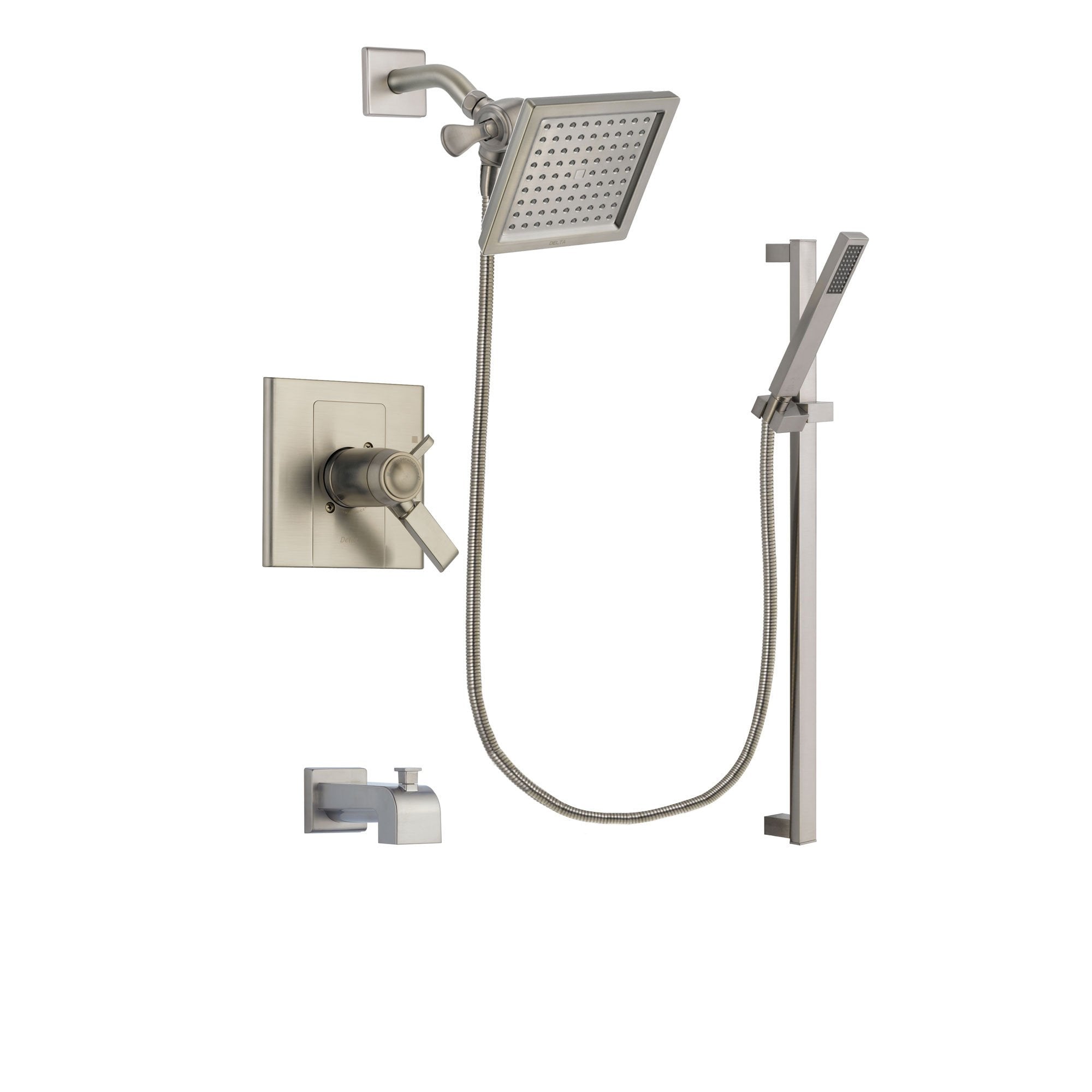 Delta Arzo Stainless Steel Finish Thermostatic Tub and Shower Faucet System Package with 6.5-inch Square Rain Showerhead and Modern Personal Hand Shower with Slide Bar Includes Rough-in Valve and Tub Spout DSP2349V