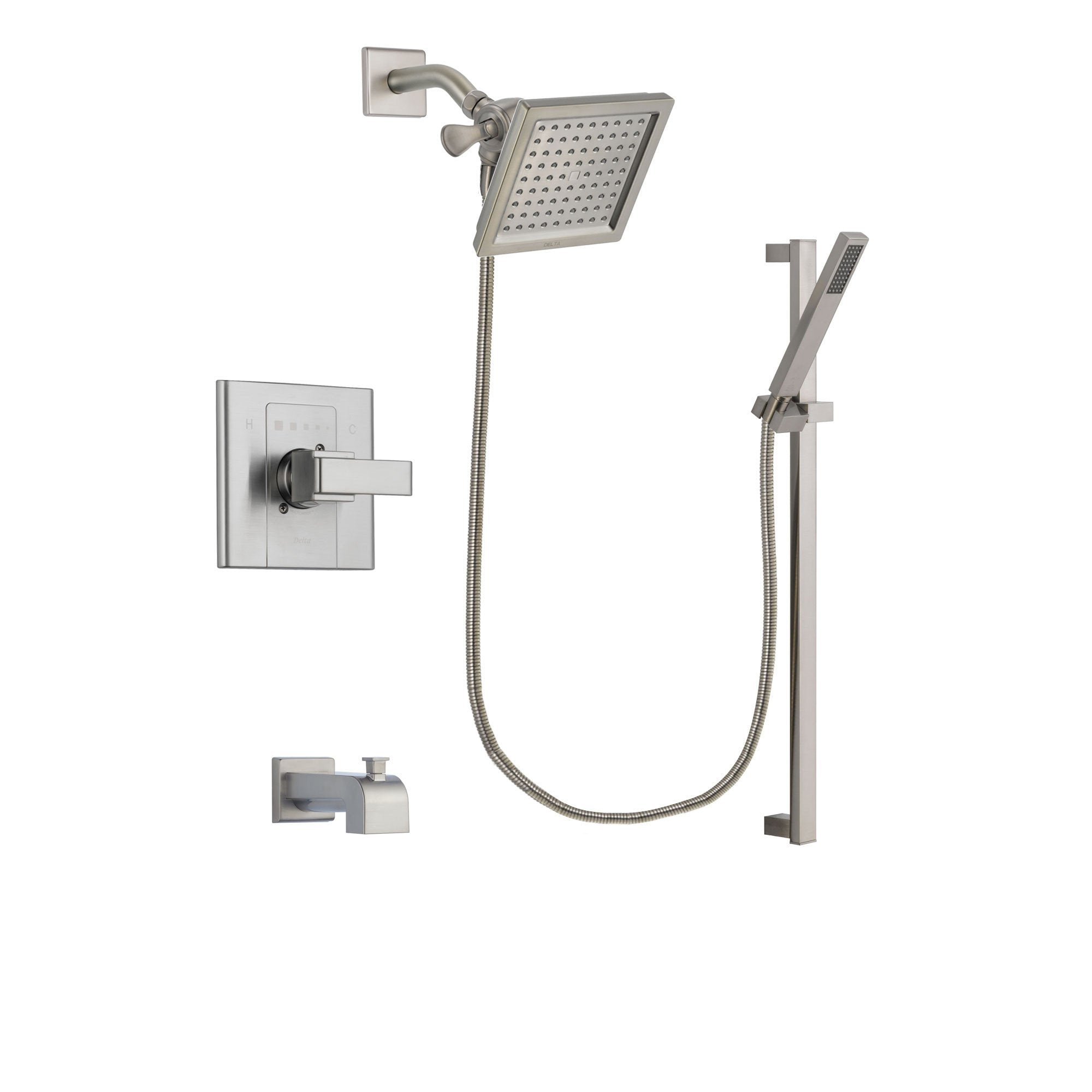 Delta Arzo Stainless Steel Finish Tub and Shower Faucet System Package with 6.5-inch Square Rain Showerhead and Modern Personal Hand Shower with Slide Bar Includes Rough-in Valve and Tub Spout DSP2355V