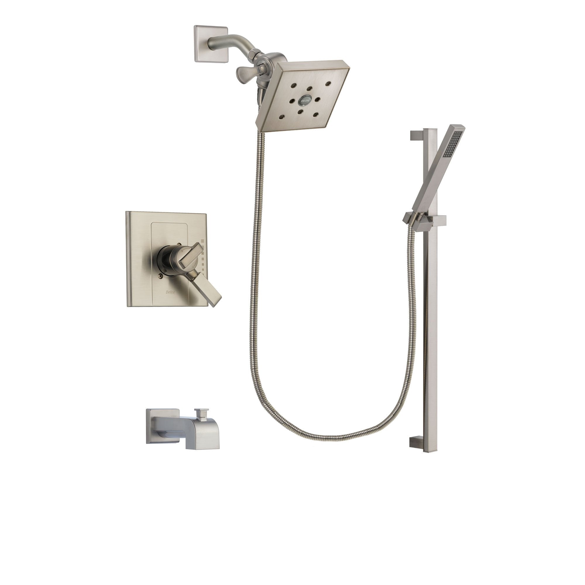 Delta Arzo Stainless Steel Finish Dual Control Tub and Shower Faucet System Package with Square Shower Head and Modern Personal Hand Shower with Slide Bar Includes Rough-in Valve and Tub Spout DSP2379V