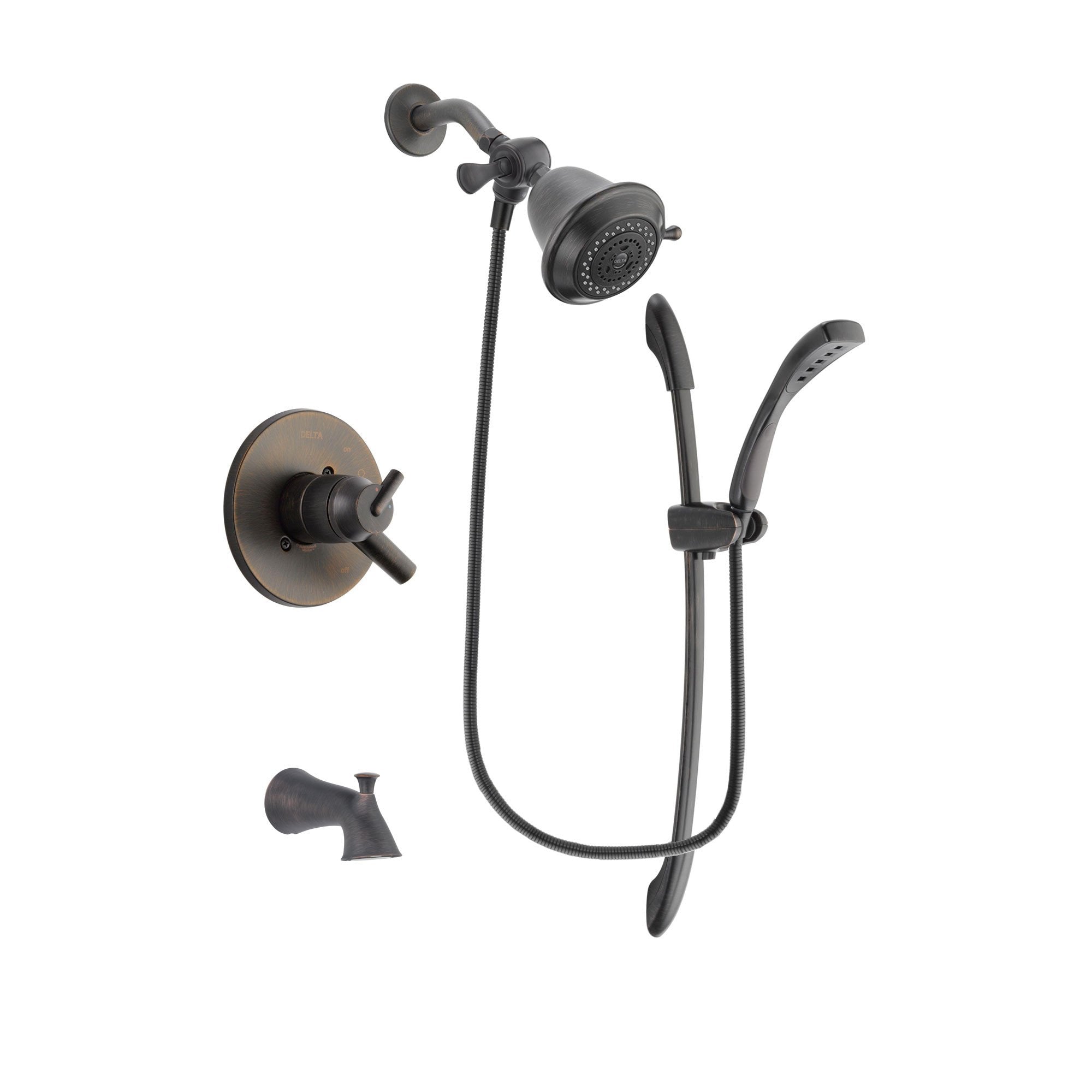 Delta Trinsic Venetian Bronze Finish Dual Control Tub and Shower Faucet System Package with Shower Head and 1-Spray Handshower with Slide Bar Includes Rough-in Valve and Tub Spout DSP2401V