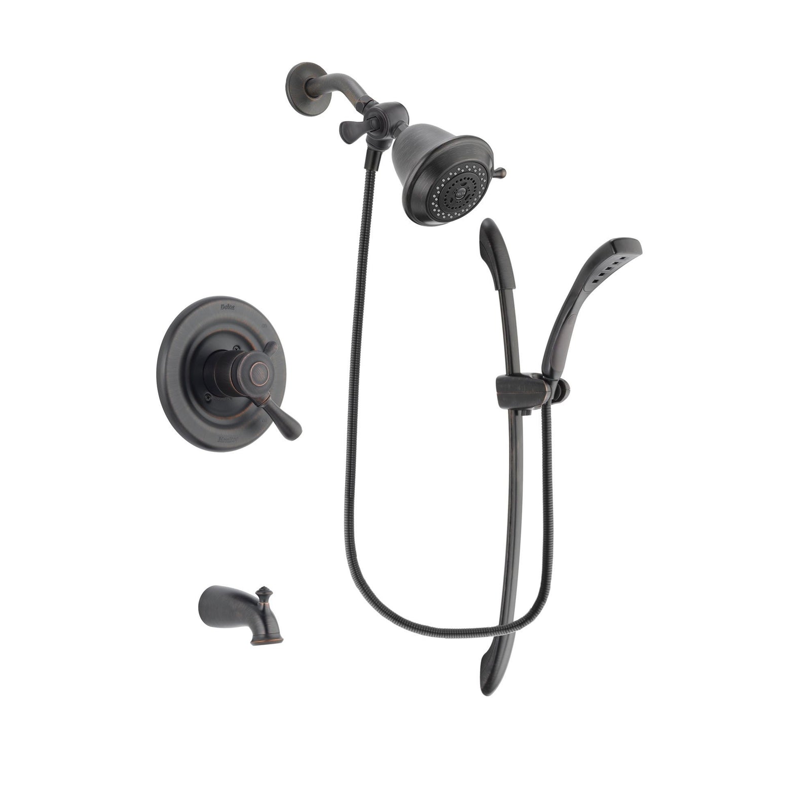 Delta Leland Venetian Bronze Finish Dual Control Tub and Shower Faucet System Package with Shower Head and 1-Spray Handshower with Slide Bar Includes Rough-in Valve and Tub Spout DSP2403V