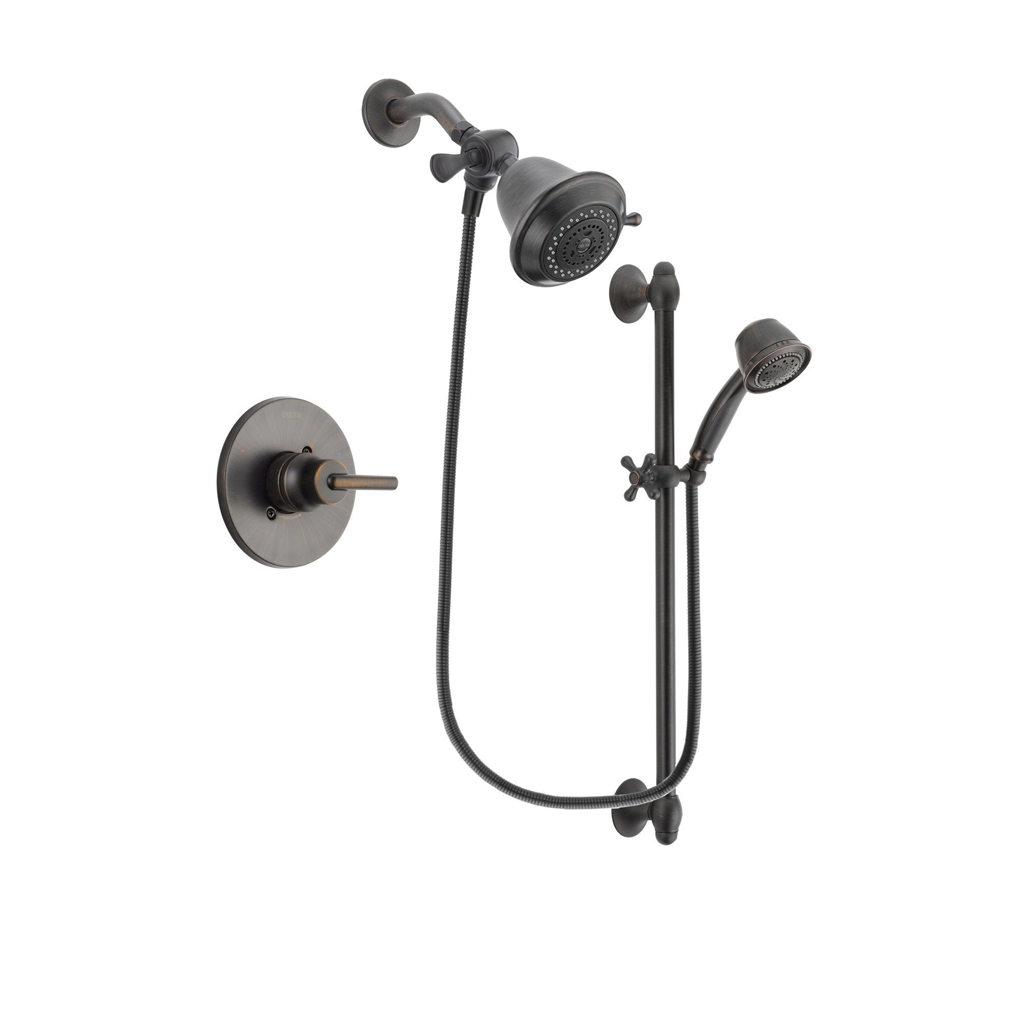 Delta Trinsic Venetian Bronze Finish Shower Faucet System Package with Shower Head and 5-Spray Personal Handshower with Slide Bar Includes Rough-in Valve DSP2514V
