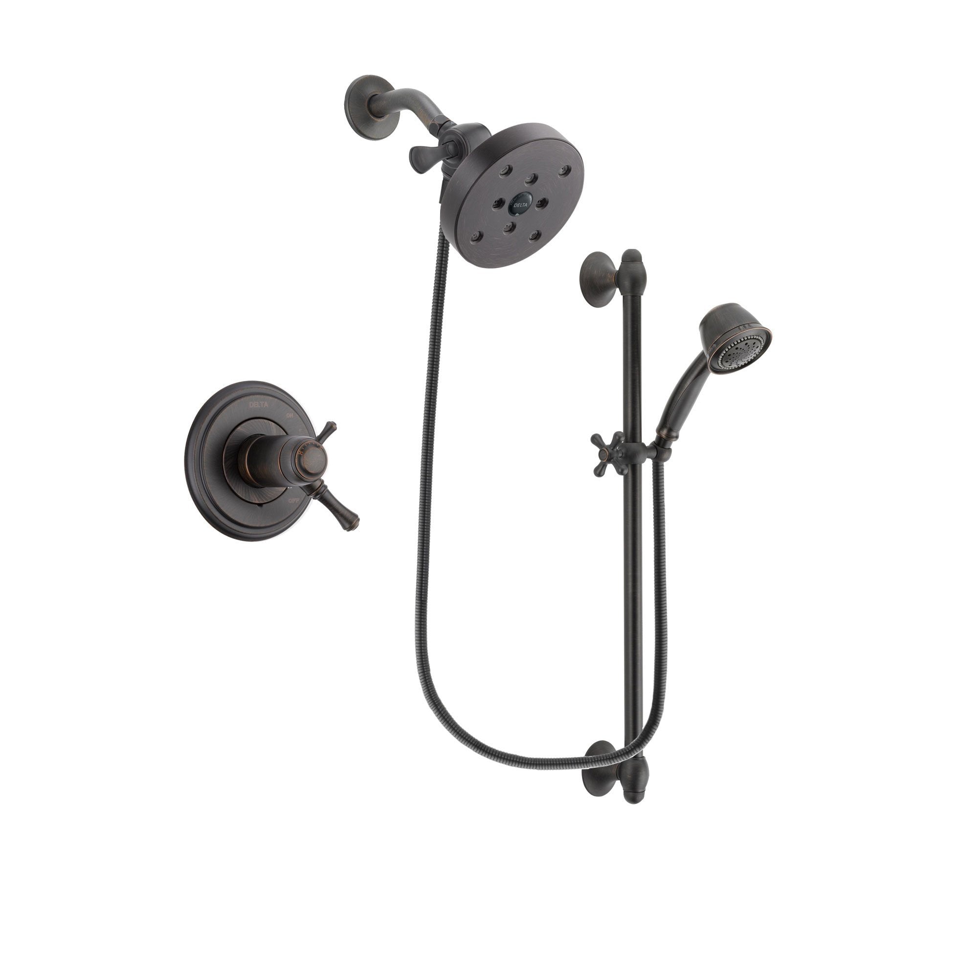 Delta Cassidy Venetian Bronze Finish Thermostatic Shower Faucet System Package with 5-1/2 inch Showerhead and 5-Spray Personal Handshower with Slide Bar Includes Rough-in Valve DSP2600V