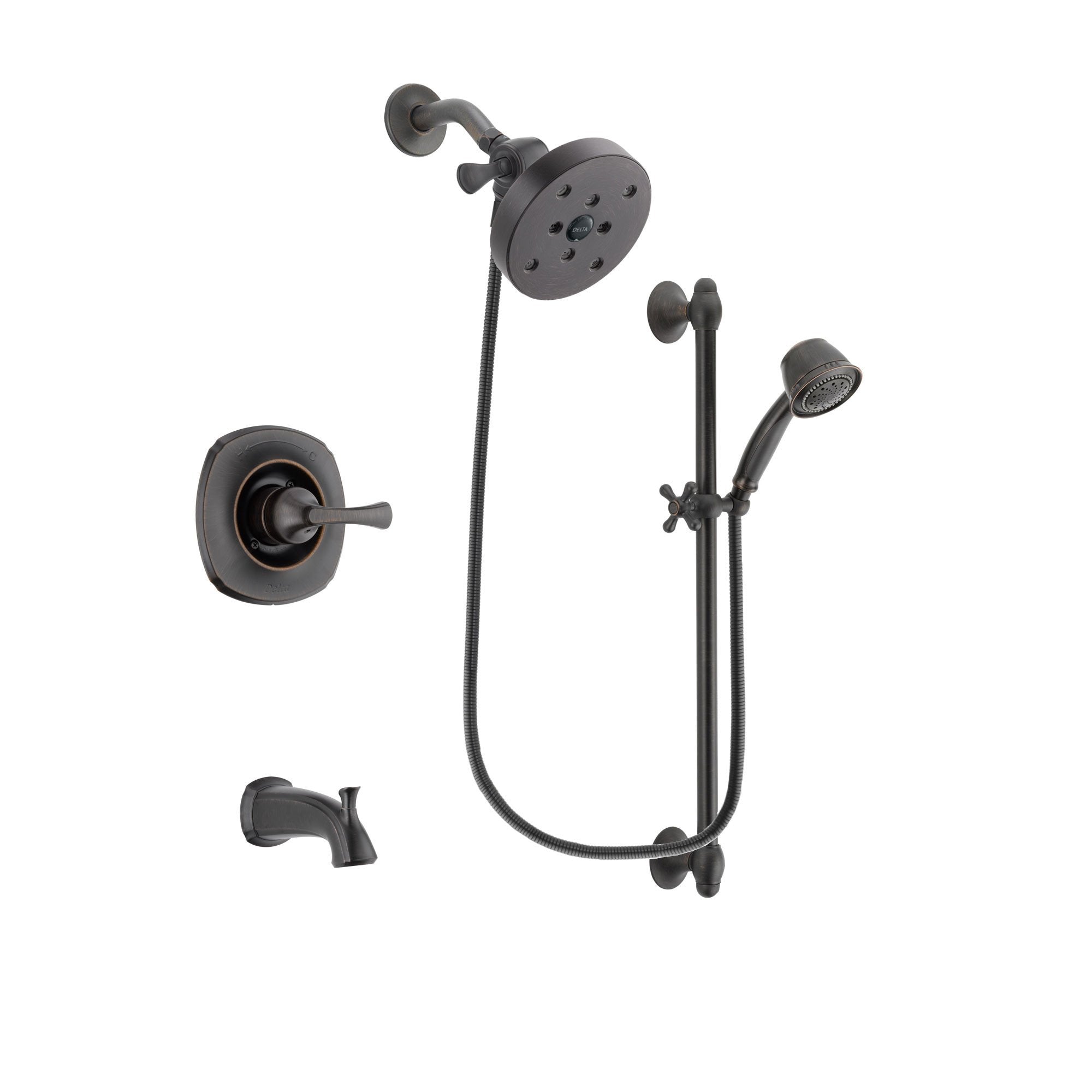 Delta Addison Venetian Bronze Finish Tub and Shower Faucet System Package with 5-1/2 inch Showerhead and 5-Spray Personal Handshower with Slide Bar Includes Rough-in Valve and Tub Spout DSP2605V