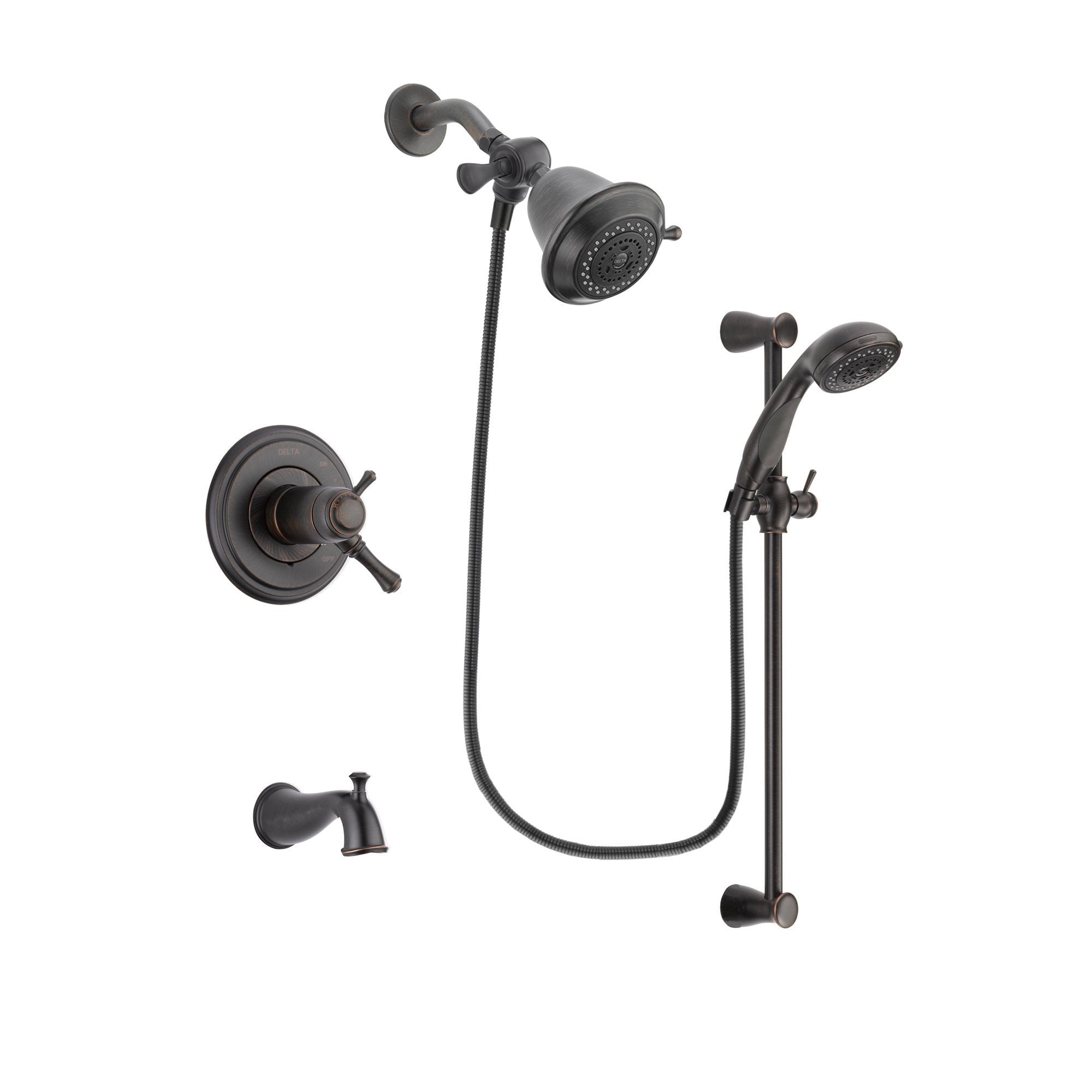 Delta Cassidy Venetian Bronze Finish Thermostatic Tub and Shower Faucet System Package with Shower Head and Personal Handheld Shower Spray with Slide Bar Includes Rough-in Valve and Tub Spout DSP2629V