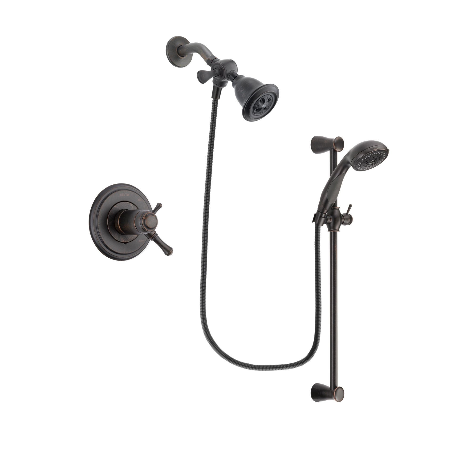 Delta Cassidy Venetian Bronze Finish Thermostatic Shower Faucet System Package with Water Efficient Showerhead and Personal Handheld Shower Spray with Slide Bar Includes Rough-in Valve DSP2660V