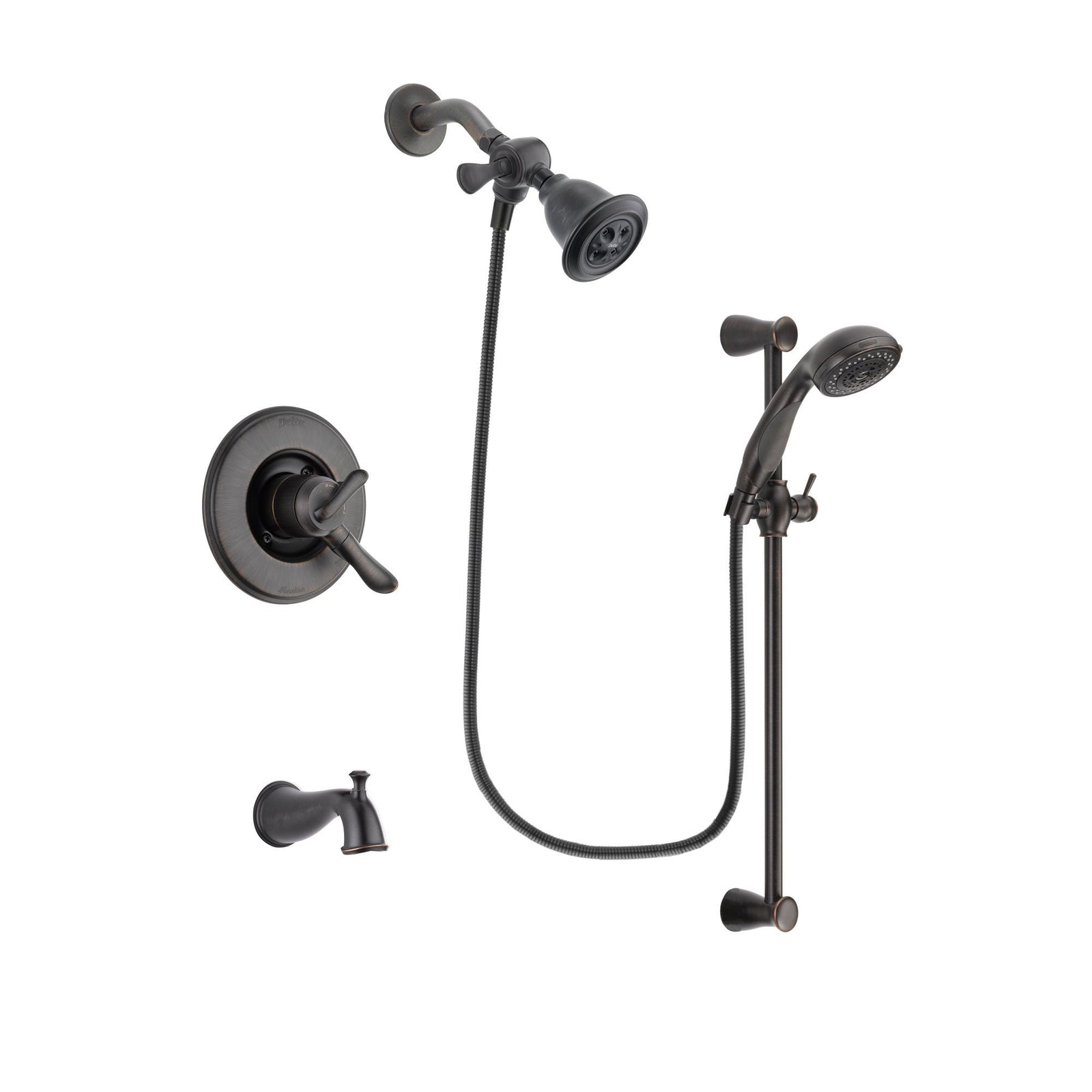 Delta Linden Venetian Bronze Finish Dual Control Tub and Shower Faucet System Package with Water Efficient Showerhead and Personal Handheld Shower Spray with Slide Bar Includes Rough-in Valve and Tub Spout DSP2677V