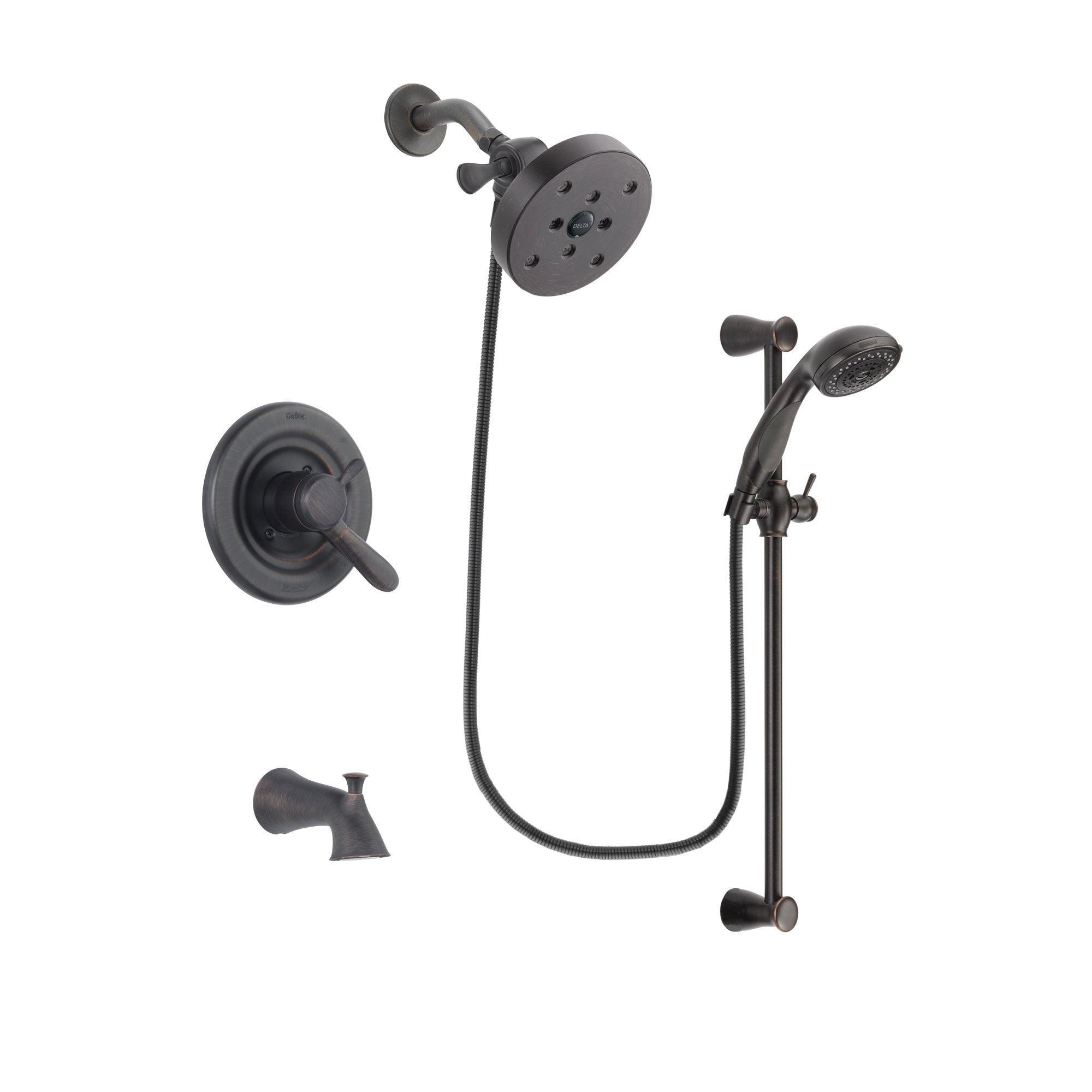Delta Lahara Venetian Bronze Finish Dual Control Tub and Shower Faucet System Package with 5-1/2 inch Showerhead and Personal Handheld Shower Spray with Slide Bar Includes Rough-in Valve and Tub Spout DSP2729V