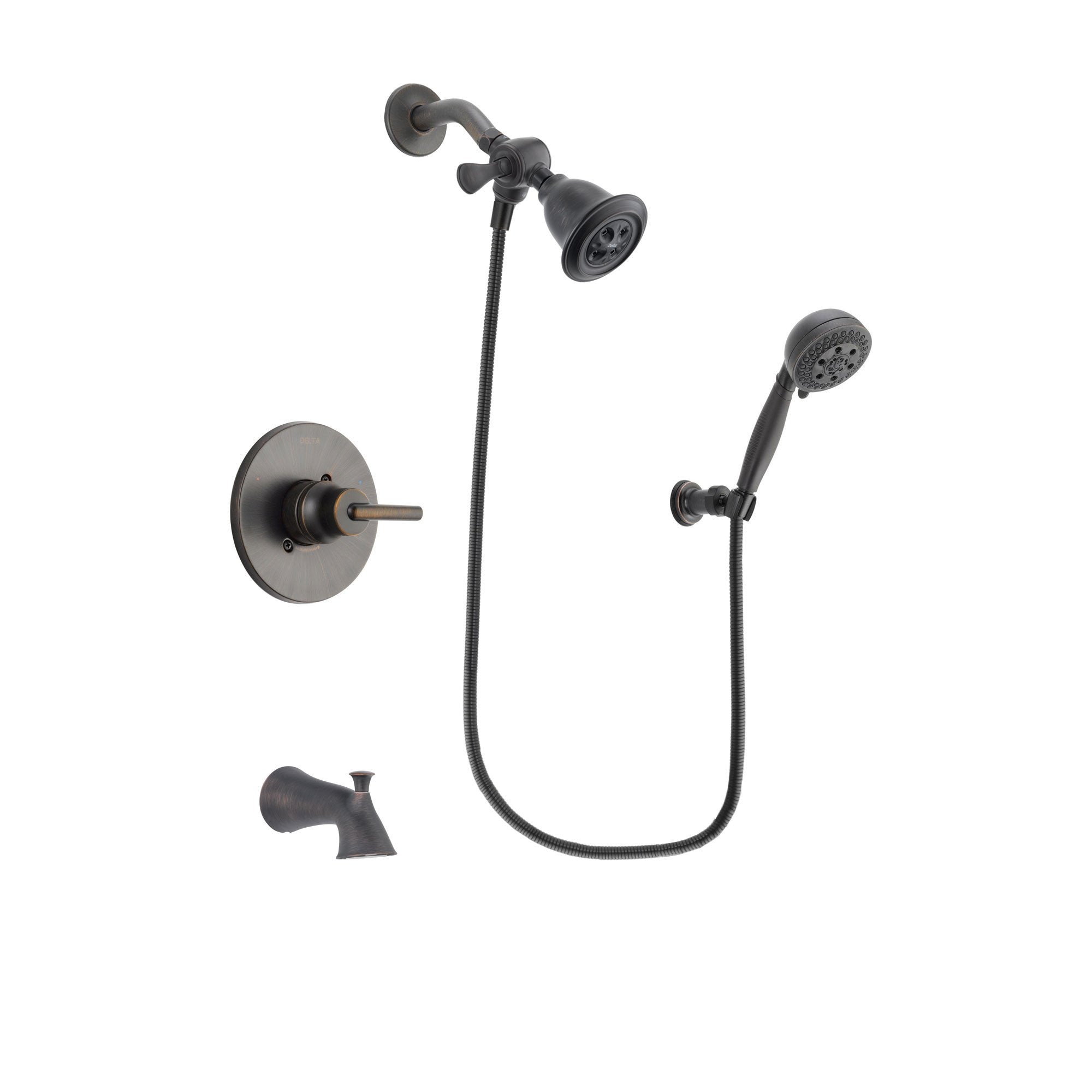 Delta Trinsic Venetian Bronze Finish Tub and Shower Faucet System Package with Water Efficient Showerhead and 5-Setting Wall Mount Personal Handheld Shower Spray Includes Rough-in Valve and Tub Spout DSP2783V