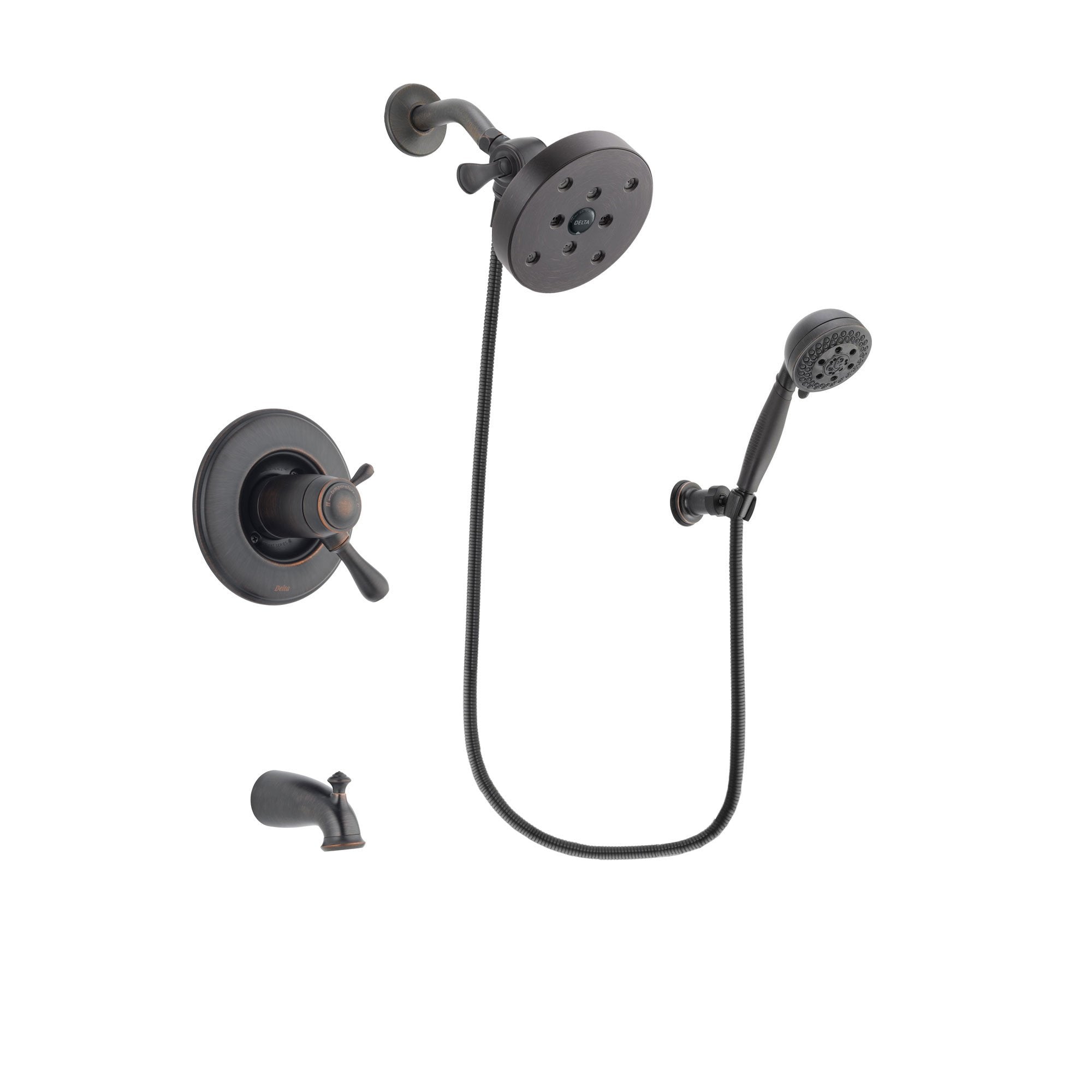 Delta Leland Venetian Bronze Finish Thermostatic Tub and Shower Faucet System Package with 5-1/2 inch Showerhead and 5-Setting Wall Mount Personal Handheld Shower Spray Includes Rough-in Valve and Tub Spout DSP2835V