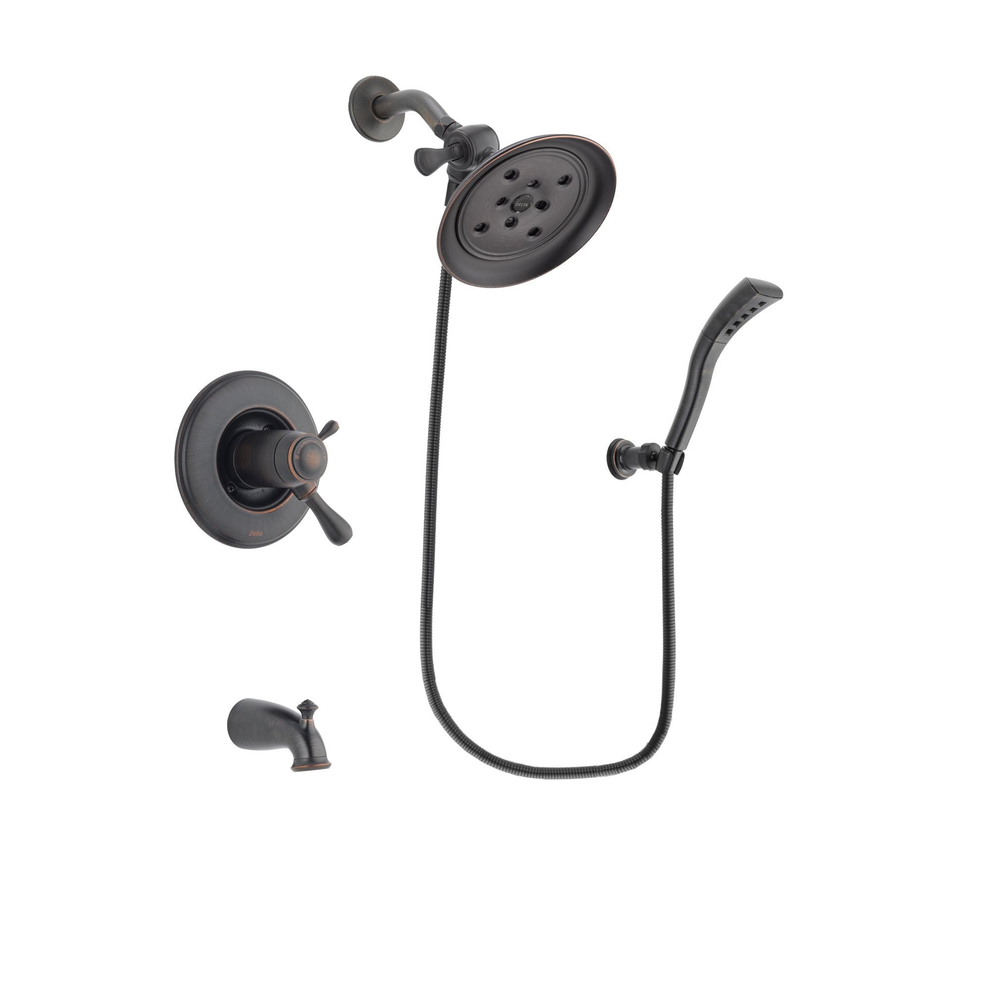 Delta Leland Venetian Bronze Finish Thermostatic Tub and Shower Faucet System Package with Large Rain Shower Head and Modern Wall Mount Personal Handheld Shower Spray Includes Rough-in Valve and Tub Spout DSP2925V
