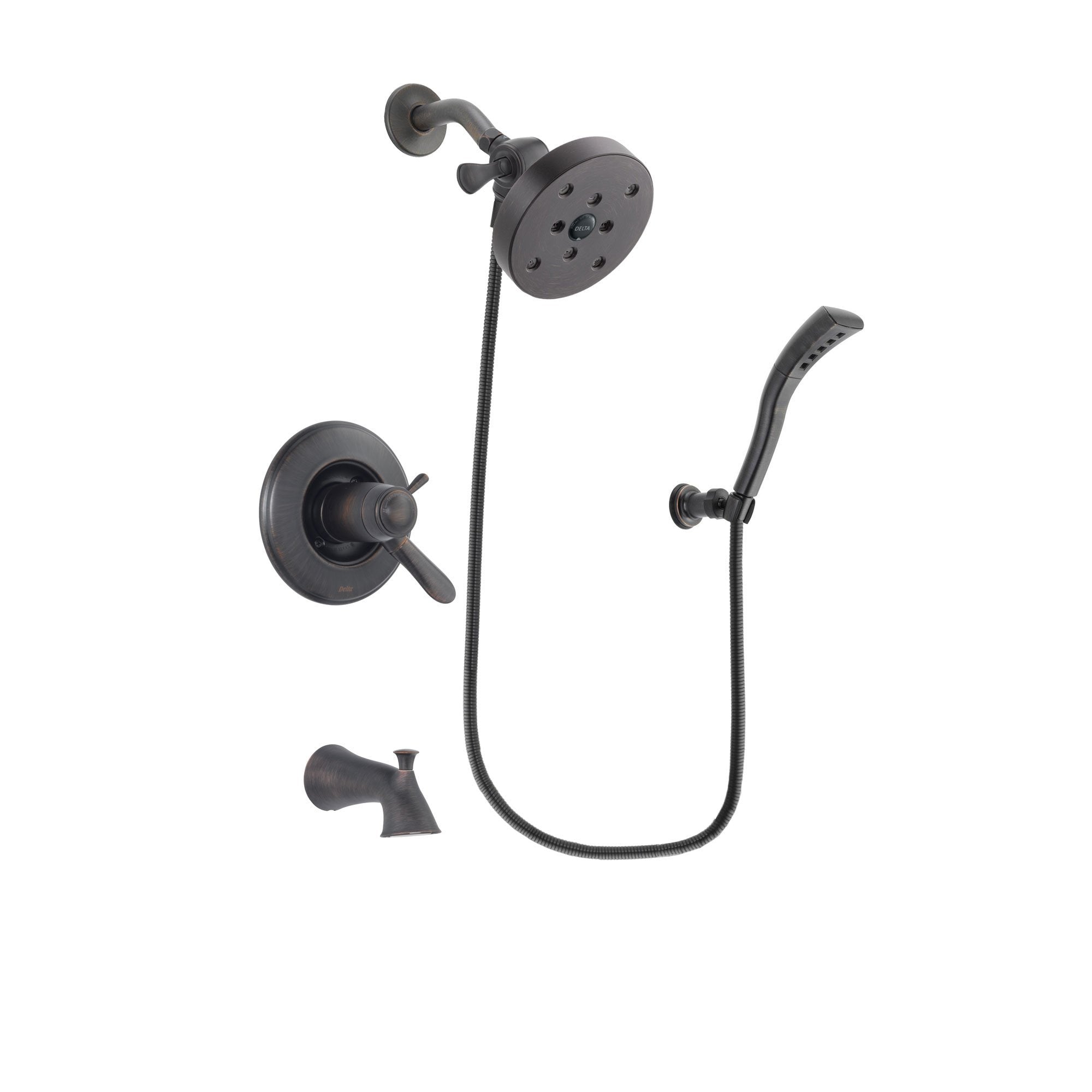 Delta Lahara Venetian Bronze Finish Thermostatic Tub and Shower Faucet System Package with 5-1/2 inch Showerhead and Modern Wall Mount Personal Handheld Shower Spray Includes Rough-in Valve and Tub Spout DSP2951V