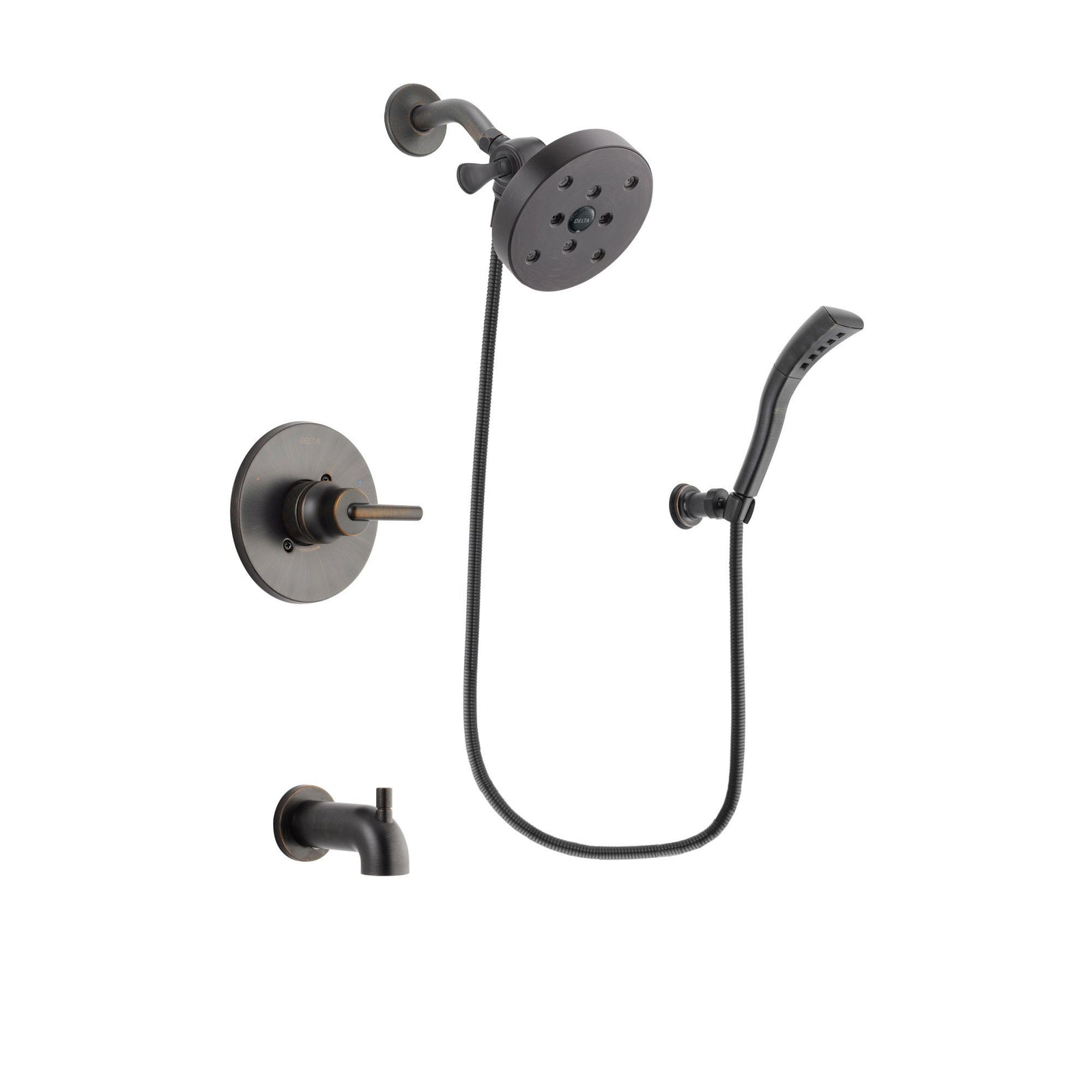 Delta Trinsic Venetian Bronze Finish Tub and Shower Faucet System Package with 5-1/2 inch Showerhead and Modern Wall Mount Personal Handheld Shower Spray Includes Rough-in Valve and Tub Spout DSP2963V