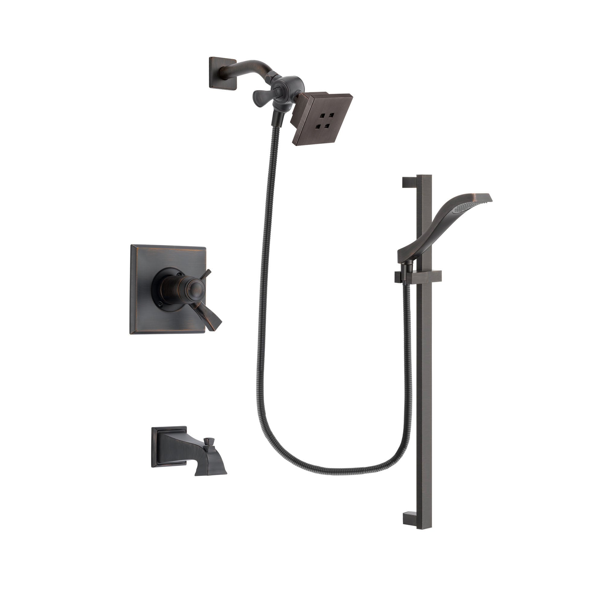 Delta Dryden Venetian Bronze Finish Thermostatic Tub and Shower Faucet System Package with Square Showerhead and Modern Handheld Shower Spray with Slide Bar Includes Rough-in Valve and Tub Spout DSP3101V