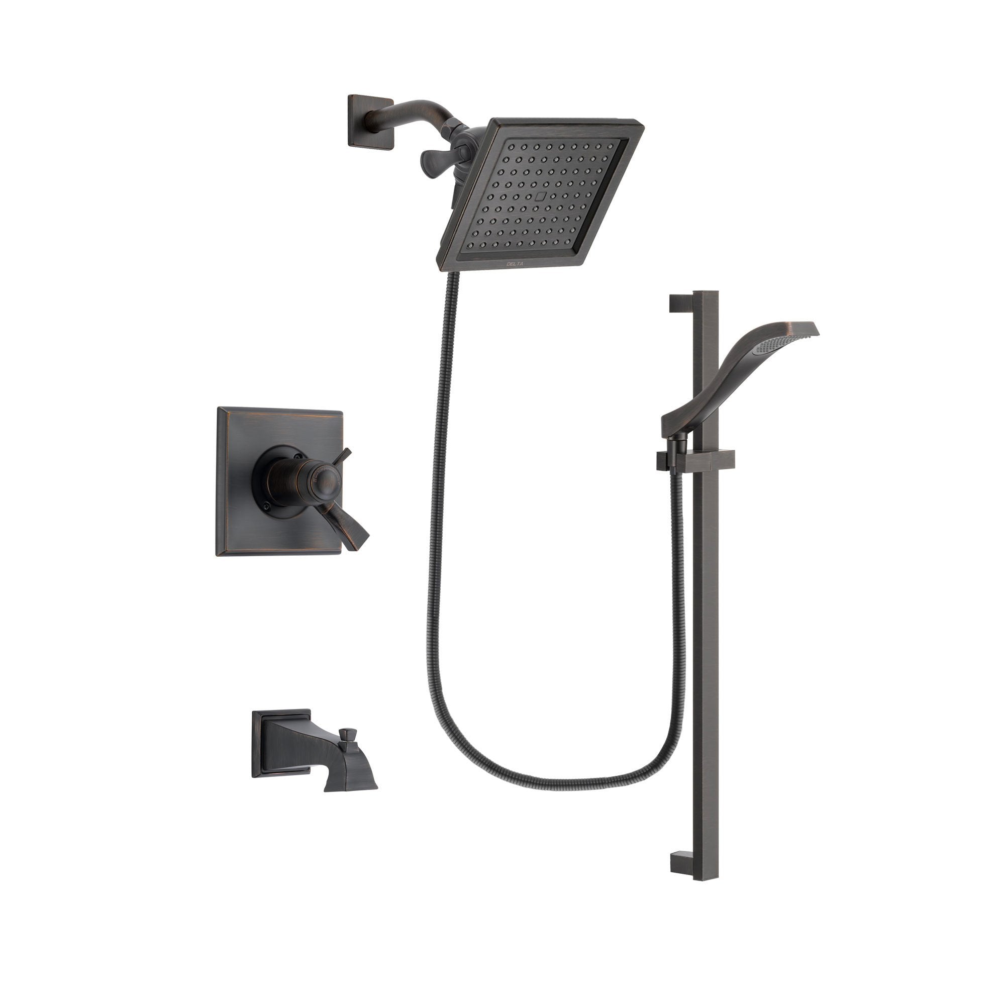 Delta Dryden Venetian Bronze Finish Thermostatic Tub and Shower Faucet System Package with 6.5-inch Square Rain Showerhead and Modern Handheld Shower Spray with Slide Bar Includes Rough-in Valve and Tub Spout DSP3113V