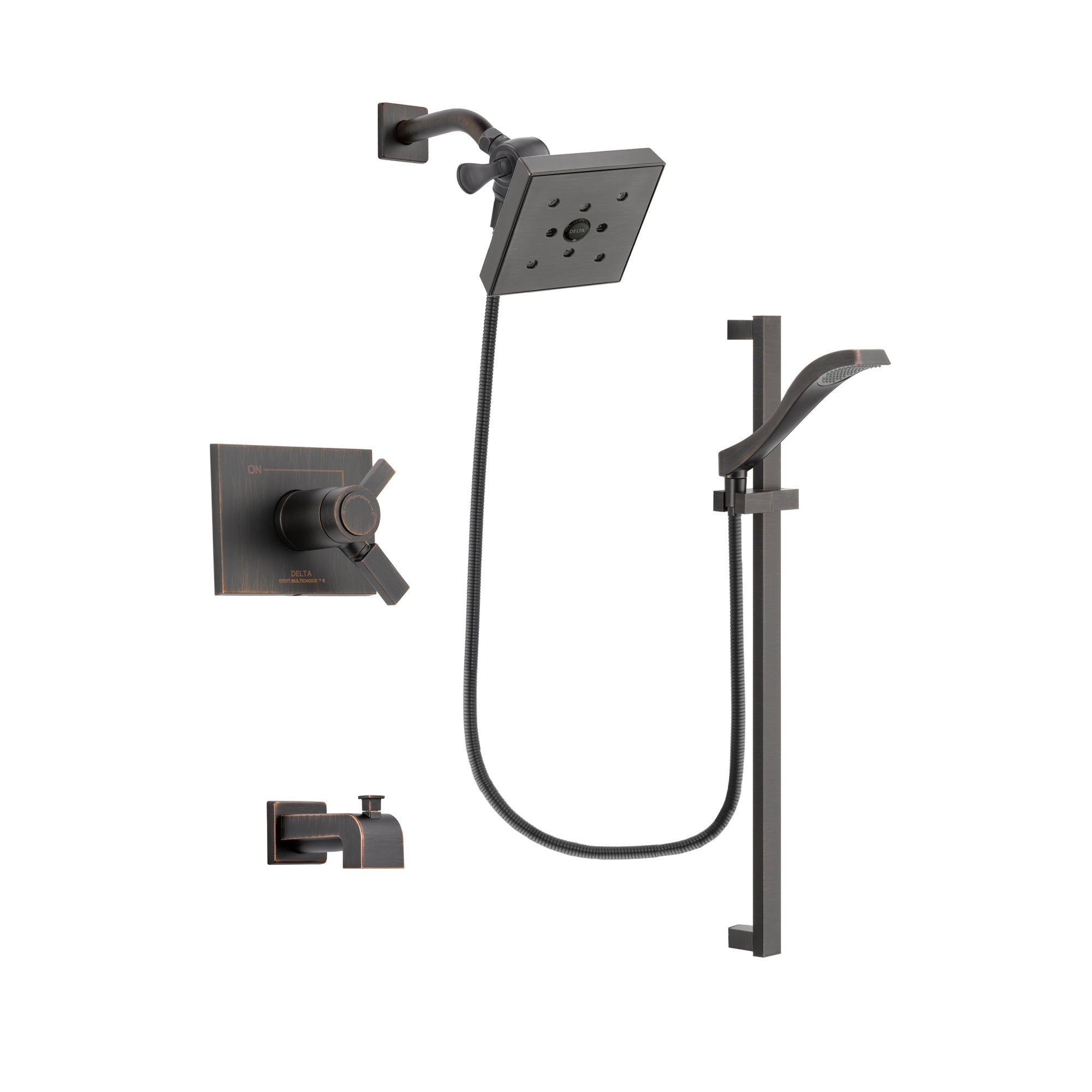 Delta Vero Venetian Bronze Finish Thermostatic Tub and Shower Faucet System Package with Square Shower Head and Modern Handheld Shower Spray with Slide Bar Includes Rough-in Valve and Tub Spout DSP3127V