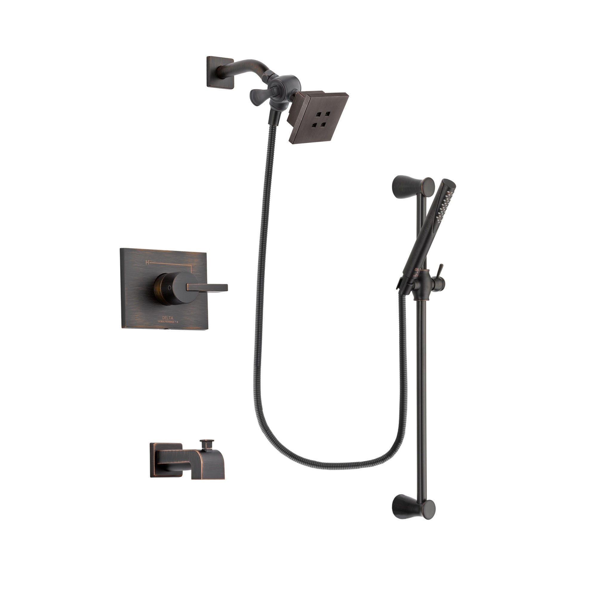 Delta Vero Venetian Bronze Finish Tub and Shower Faucet System Package with Square Showerhead and Modern Hand Shower with Slide Bar Includes Rough-in Valve and Tub Spout DSP3143V
