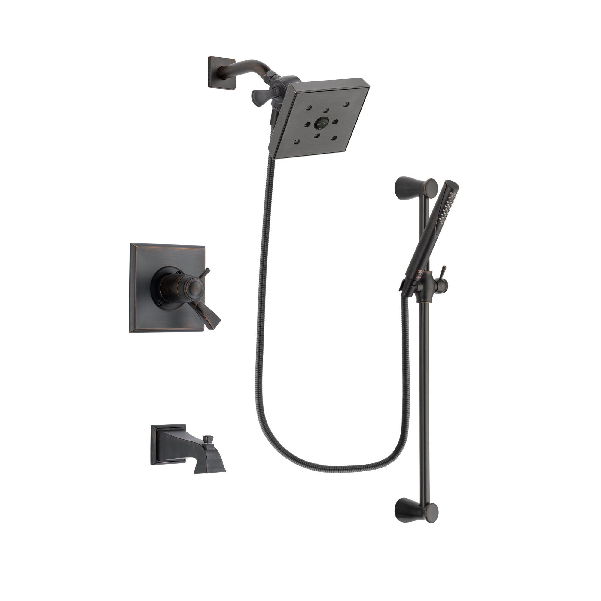Delta Dryden Venetian Bronze Finish Thermostatic Tub and Shower Faucet System Package with Square Shower Head and Modern Hand Shower with Slide Bar Includes Rough-in Valve and Tub Spout DSP3161V